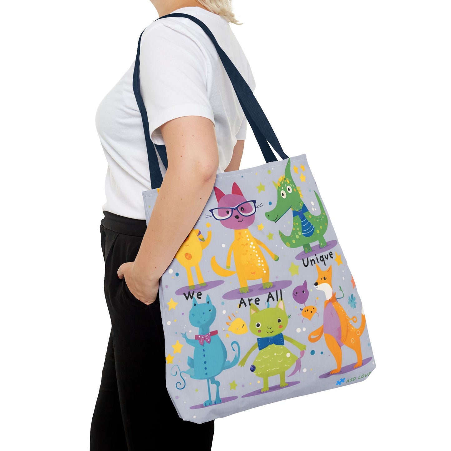 We Are All Unique 6 Animal Friends Tote Bag - Vibrant, Inclusive, Kid-Friendly Art
