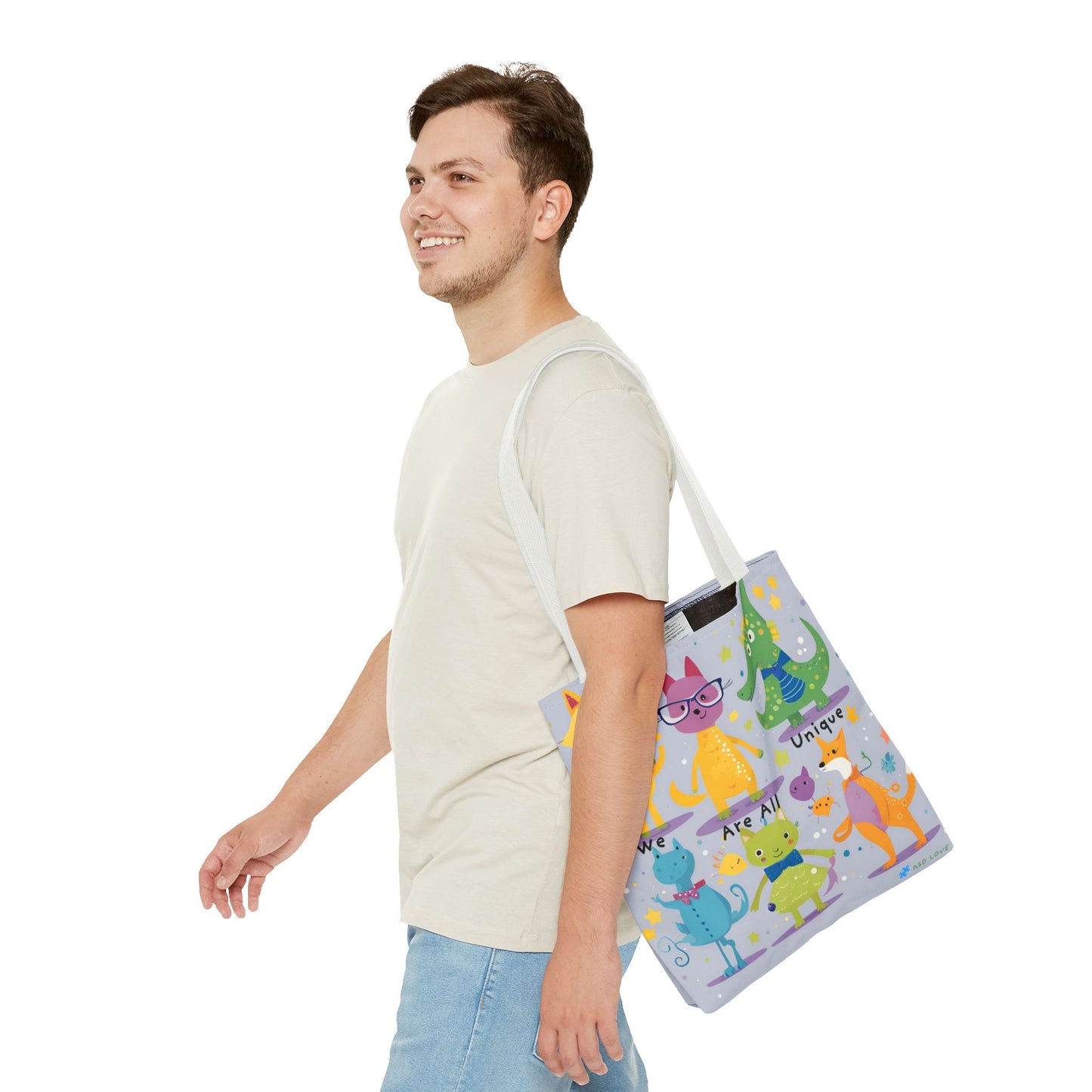 We Are All Unique 6 Animal Friends Tote Bag - Vibrant, Inclusive, Kid-Friendly Art