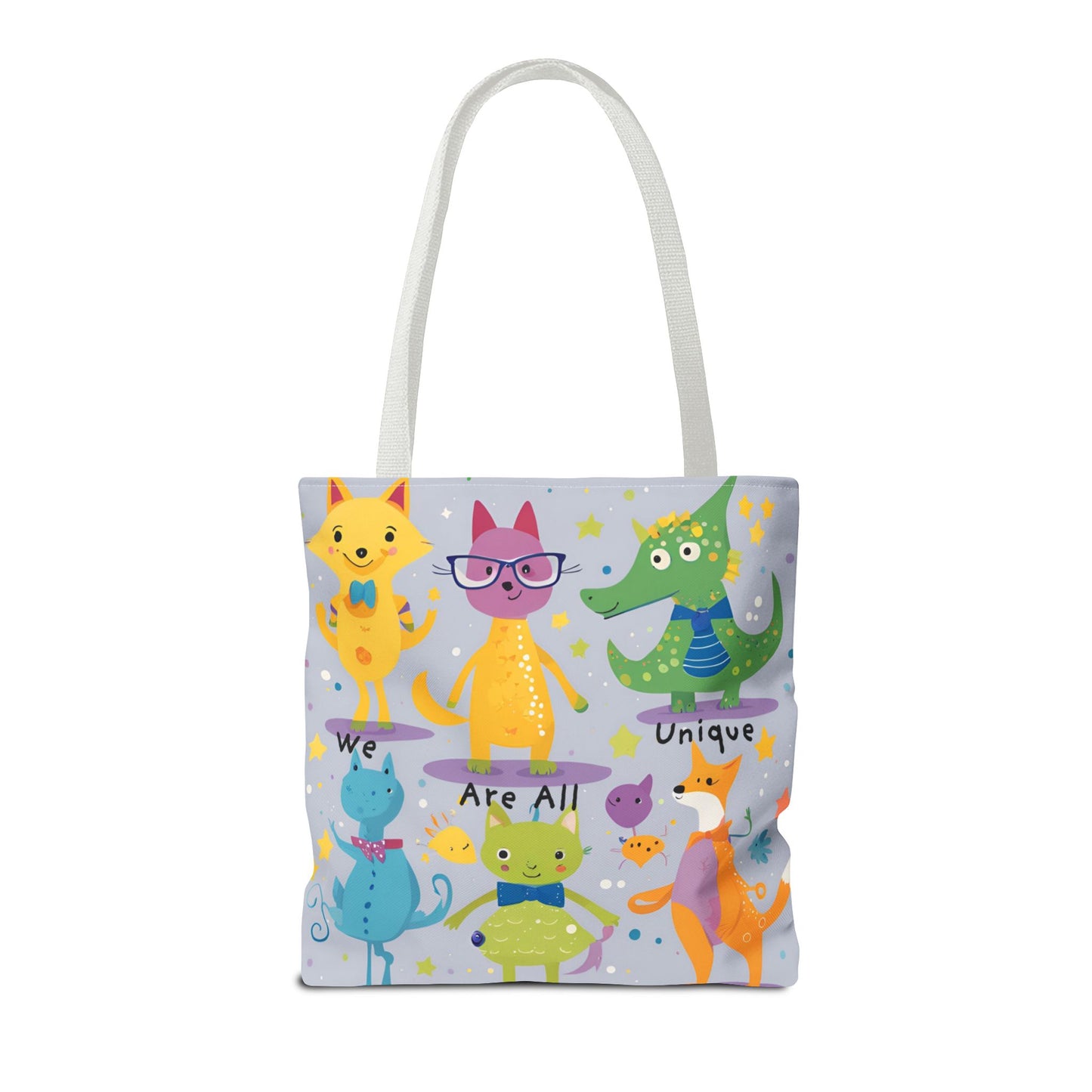 We Are All Unique 6 Animal Friends Tote Bag - Vibrant, Inclusive, Kid-Friendly Art