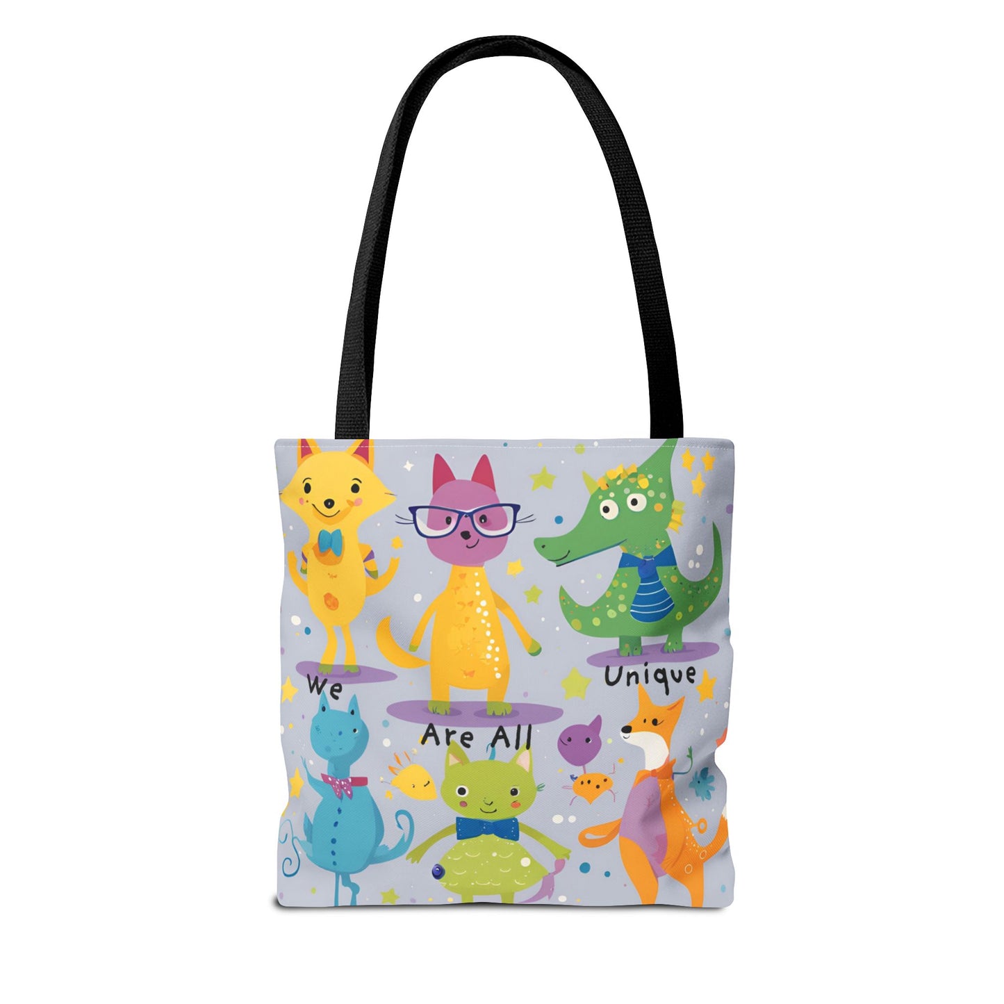 We Are All Unique 6 Animal Friends Tote Bag - Vibrant, Inclusive, Kid-Friendly Art