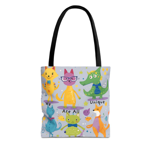 We Are All Unique 6 Animal Friends Tote Bag - Vibrant, Inclusive, Kid-Friendly Art