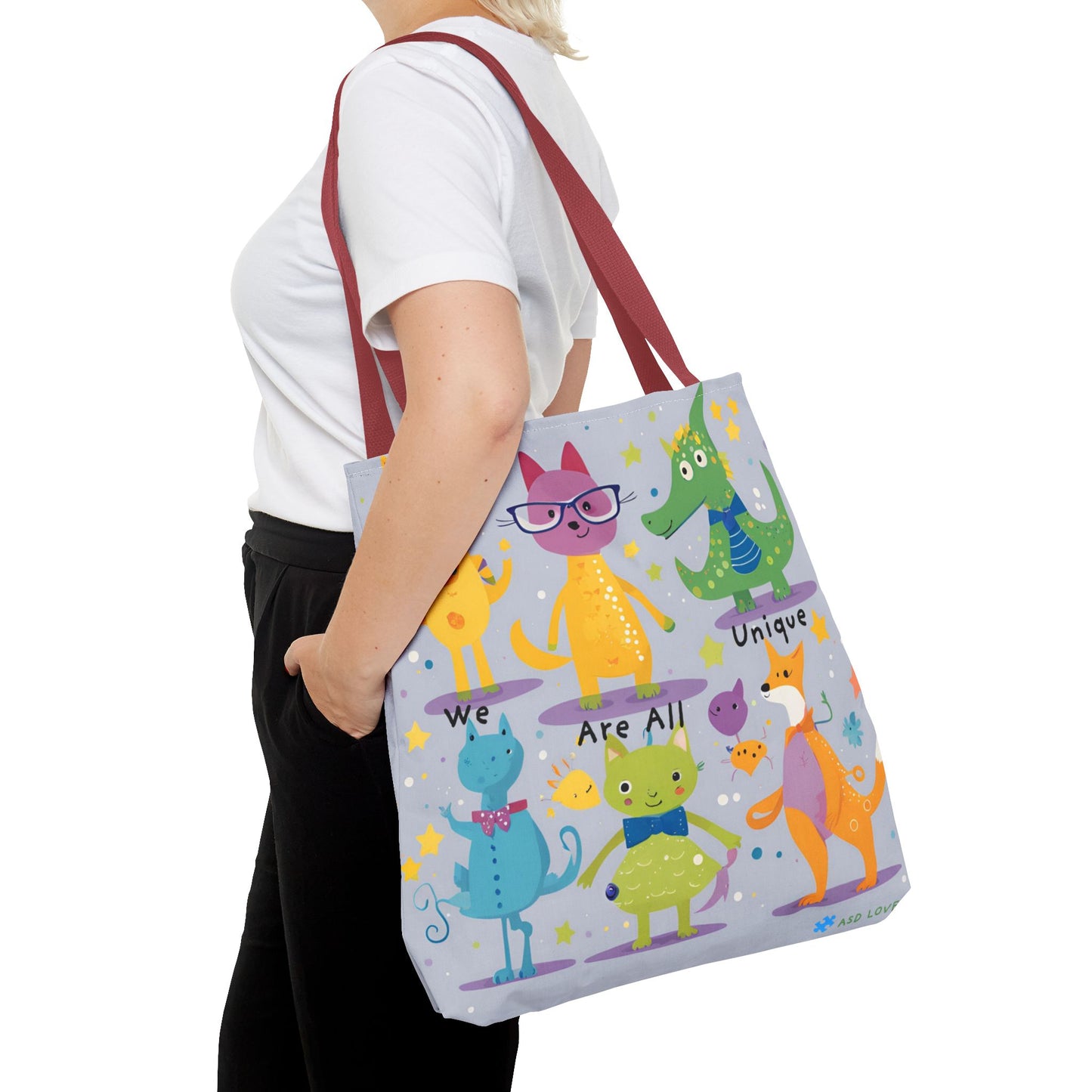 We Are All Unique 6 Animal Friends Tote Bag - Vibrant, Inclusive, Kid-Friendly Art