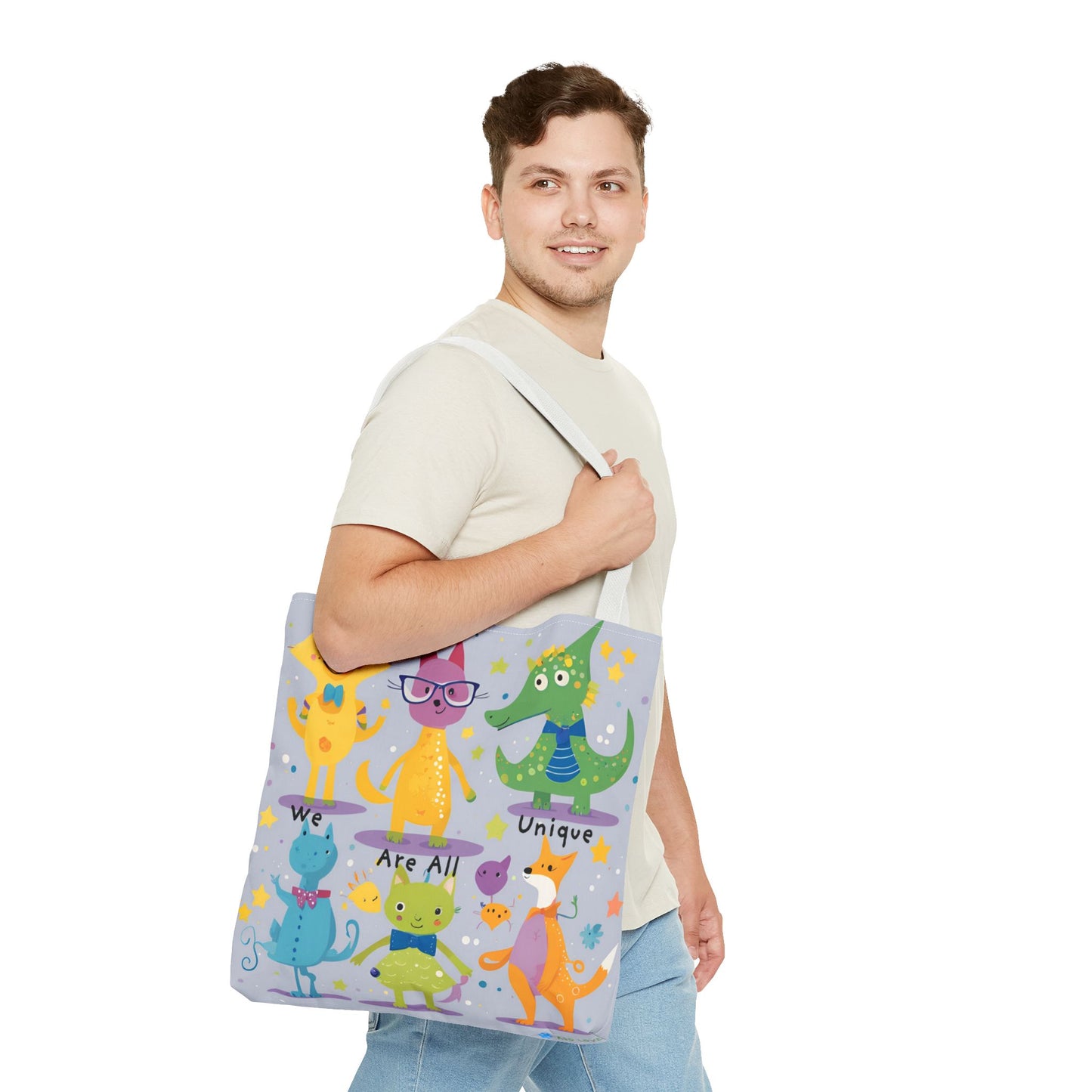 We Are All Unique 6 Animal Friends Tote Bag - Vibrant, Inclusive, Kid-Friendly Art