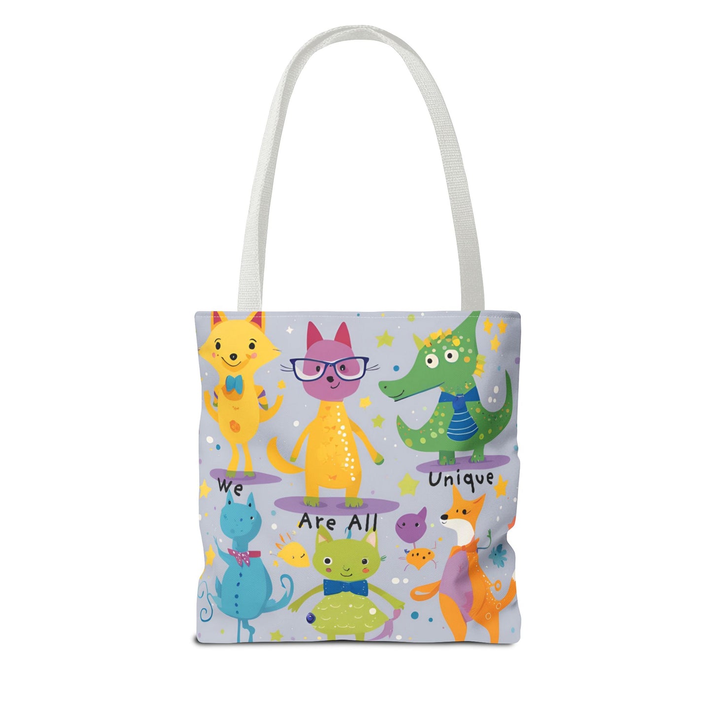 We Are All Unique 6 Animal Friends Tote Bag - Vibrant, Inclusive, Kid-Friendly Art