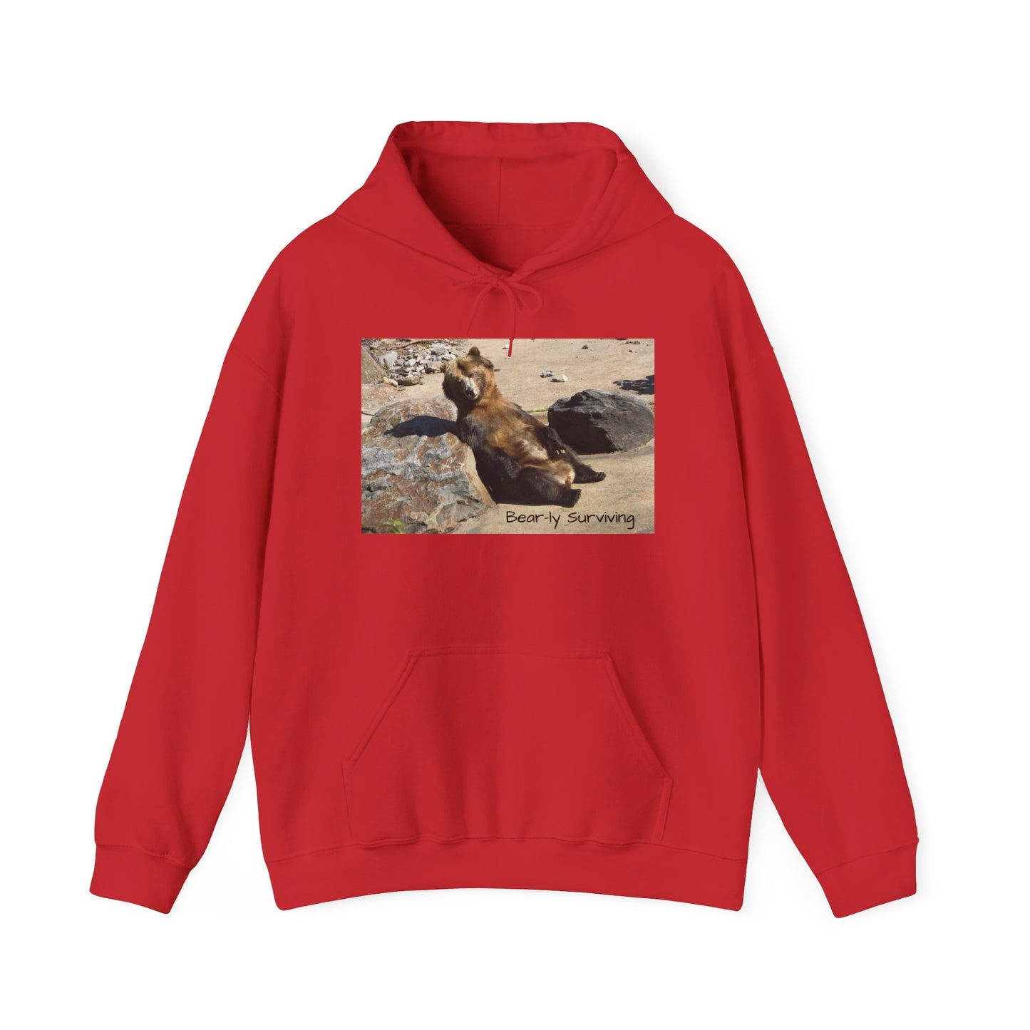 Bear-ly Surviving Hoodie | Funny Grizzly Bear Sweatshirt | Lazy Mood Gift | Exhausted Unisex Hoodie | Cozy Mental Health Humor Wear