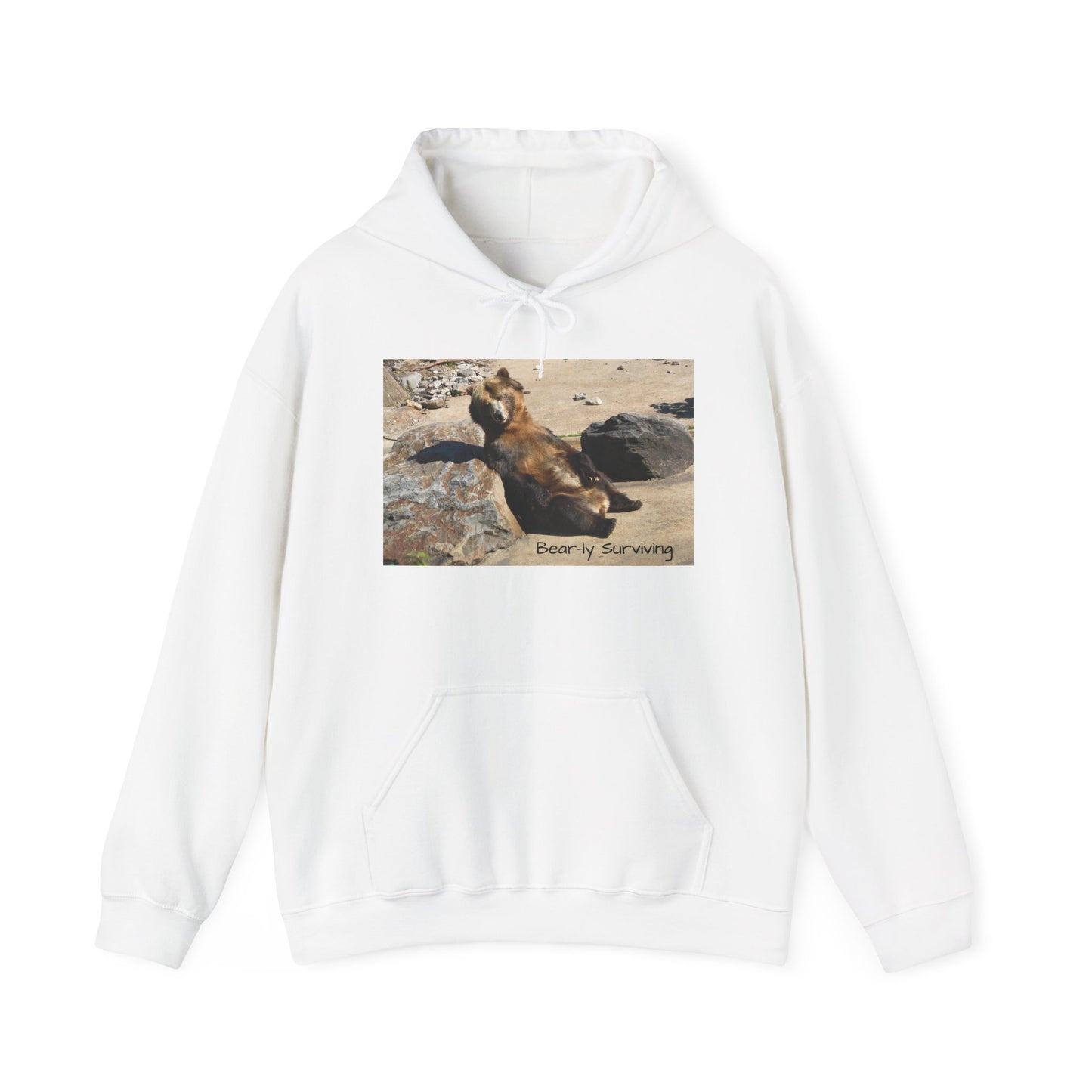Bear-ly Surviving Hoodie | Funny Grizzly Bear Sweatshirt | Lazy Mood Gift | Exhausted Unisex Hoodie | Cozy Mental Health Humor Wear