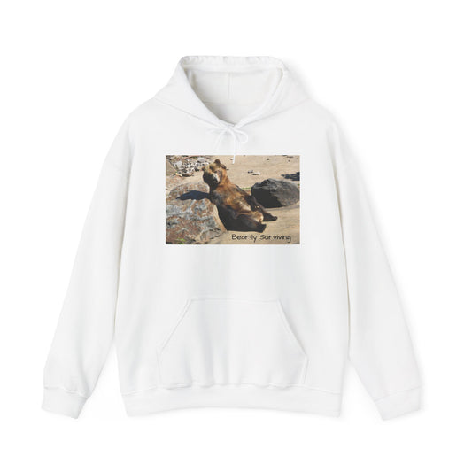 Bear-ly Surviving Hoodie | Funny Grizzly Bear Sweatshirt | Lazy Mood Gift | Exhausted Unisex Hoodie | Cozy Mental Health Humor Wear