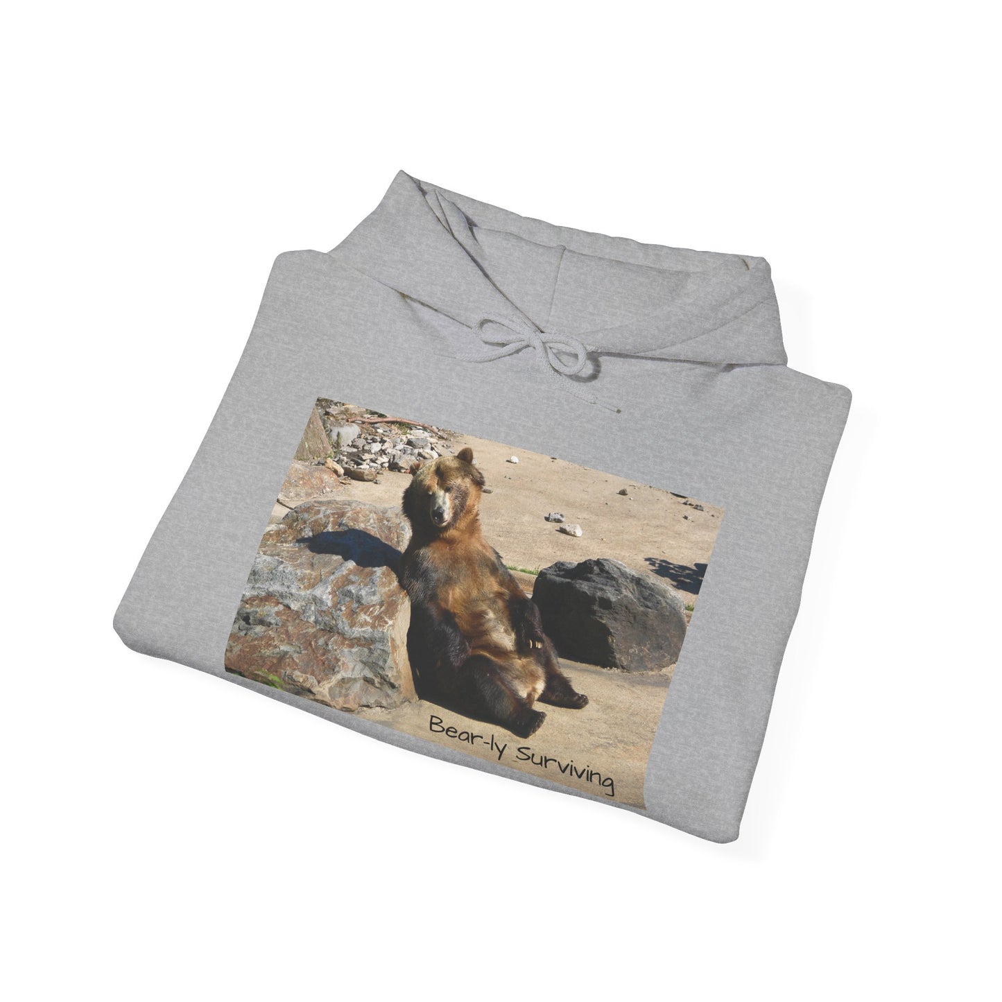 Bear-ly Surviving Hoodie | Funny Grizzly Bear Sweatshirt | Lazy Mood Gift | Exhausted Unisex Hoodie | Cozy Mental Health Humor Wear