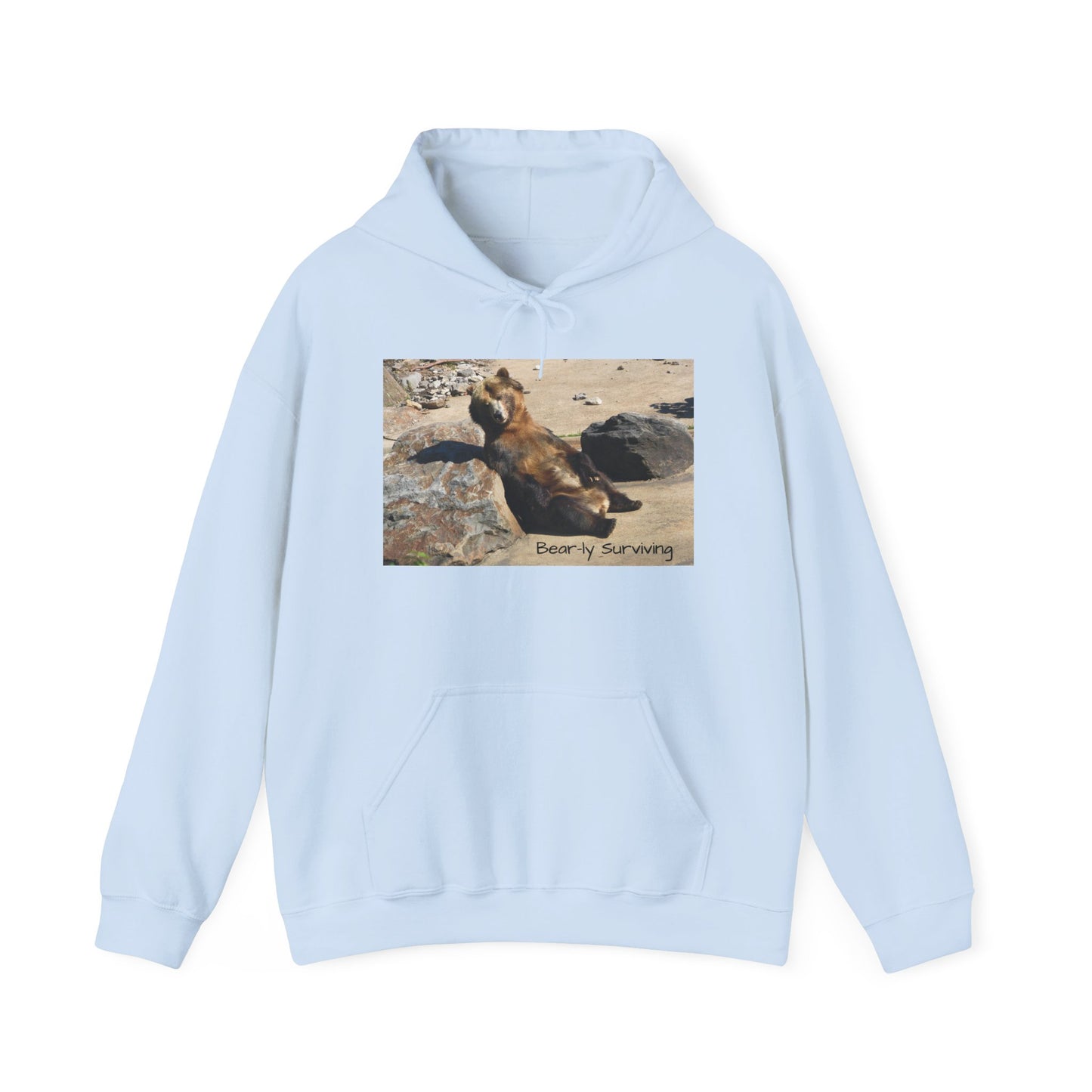 Bear-ly Surviving Hoodie | Funny Grizzly Bear Sweatshirt | Lazy Mood Gift | Exhausted Unisex Hoodie | Cozy Mental Health Humor Wear