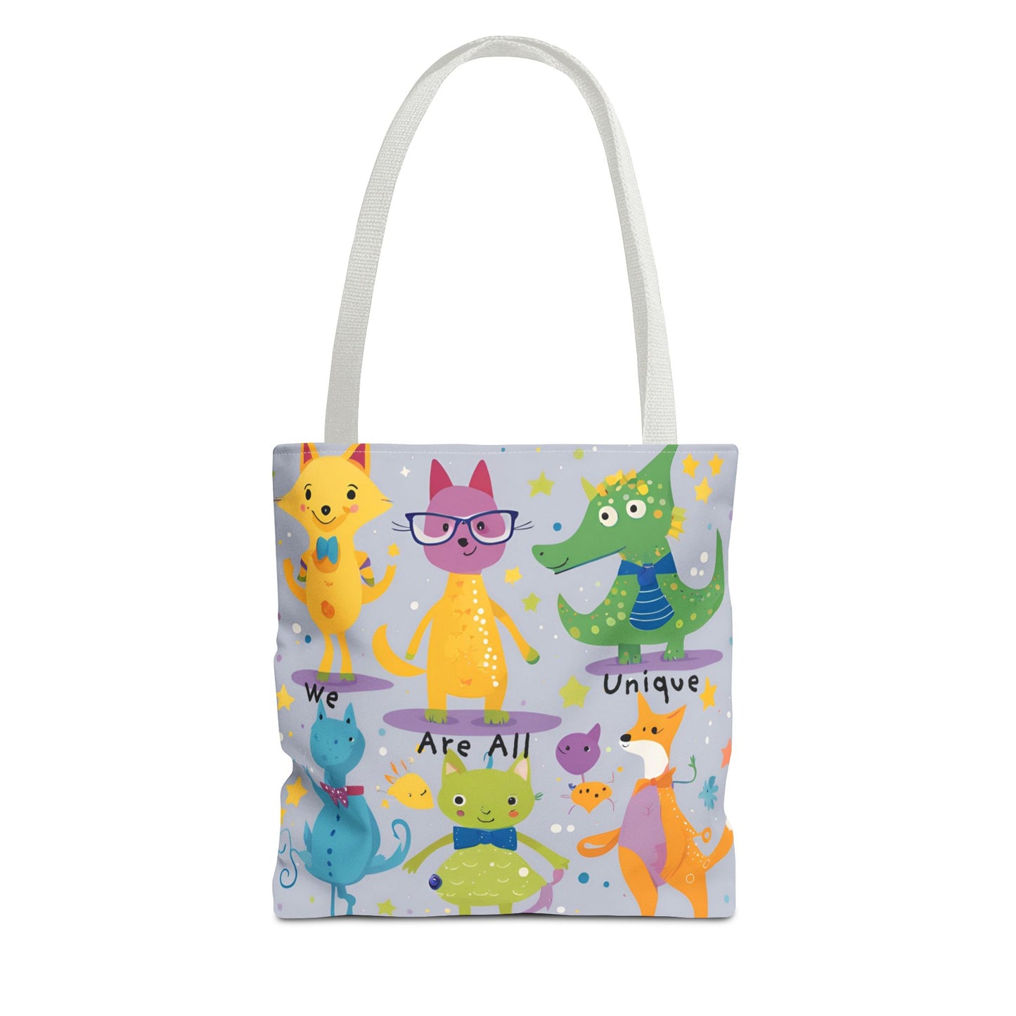 We Are All Unique 6 Animal Friends Tote Bag - Vibrant, Inclusive, Kid-Friendly Art
