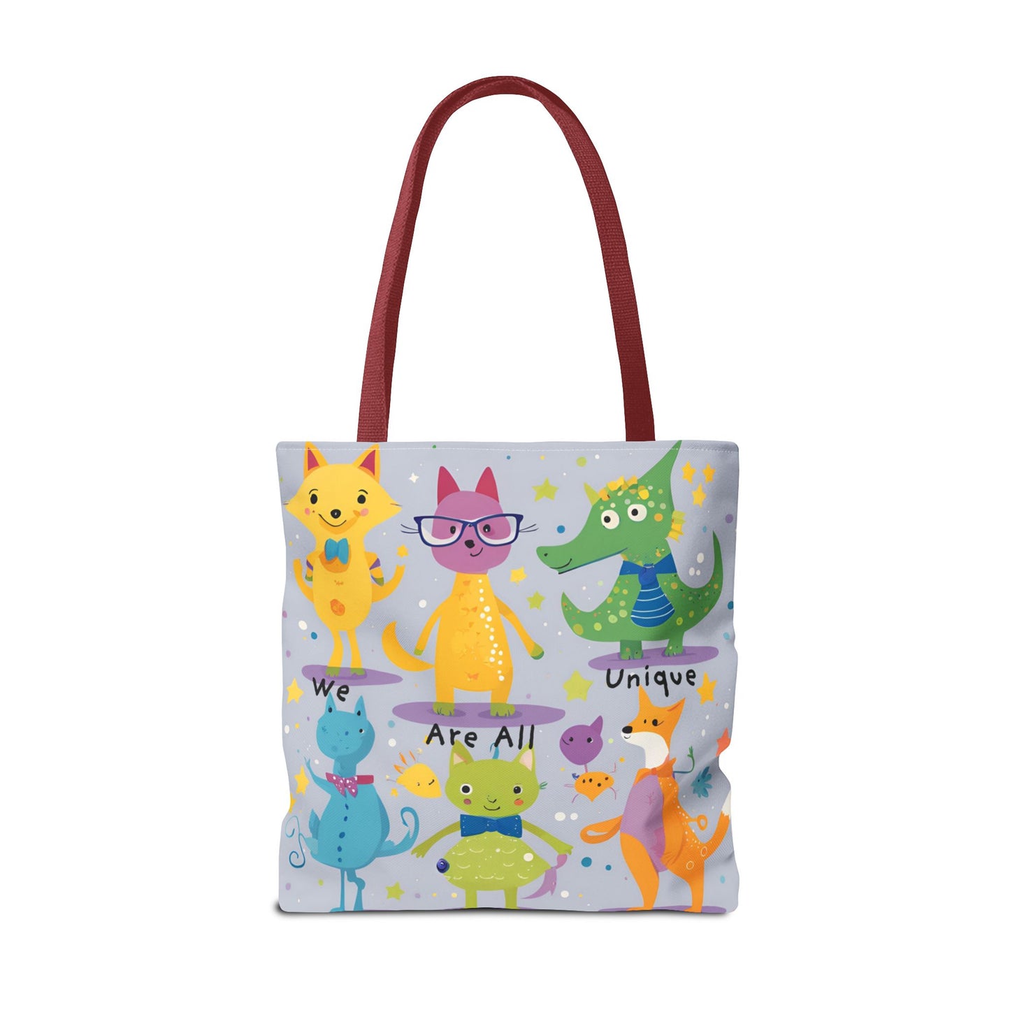We Are All Unique 6 Animal Friends Tote Bag - Vibrant, Inclusive, Kid-Friendly Art