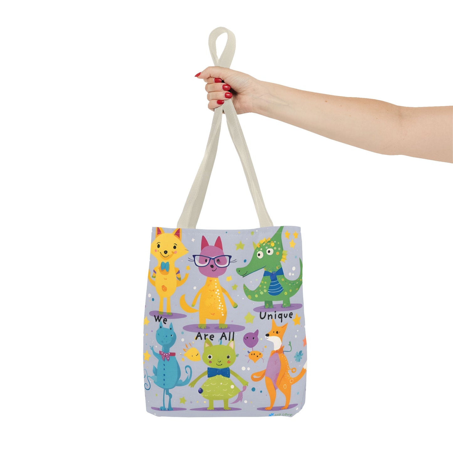We Are All Unique 6 Animal Friends Tote Bag - Vibrant, Inclusive, Kid-Friendly Art