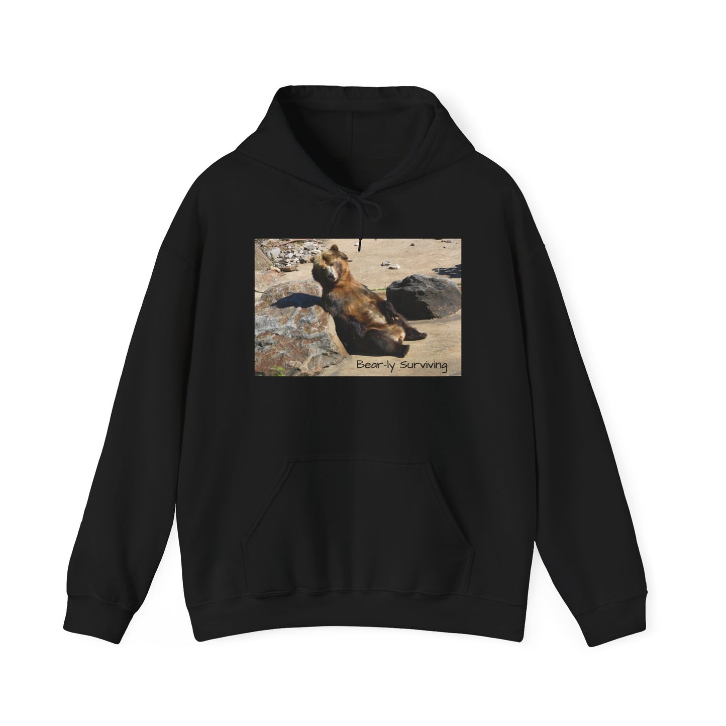 Bear-ly Surviving Hoodie | Funny Grizzly Bear Sweatshirt | Lazy Mood Gift | Exhausted Unisex Hoodie | Cozy Mental Health Humor Wear