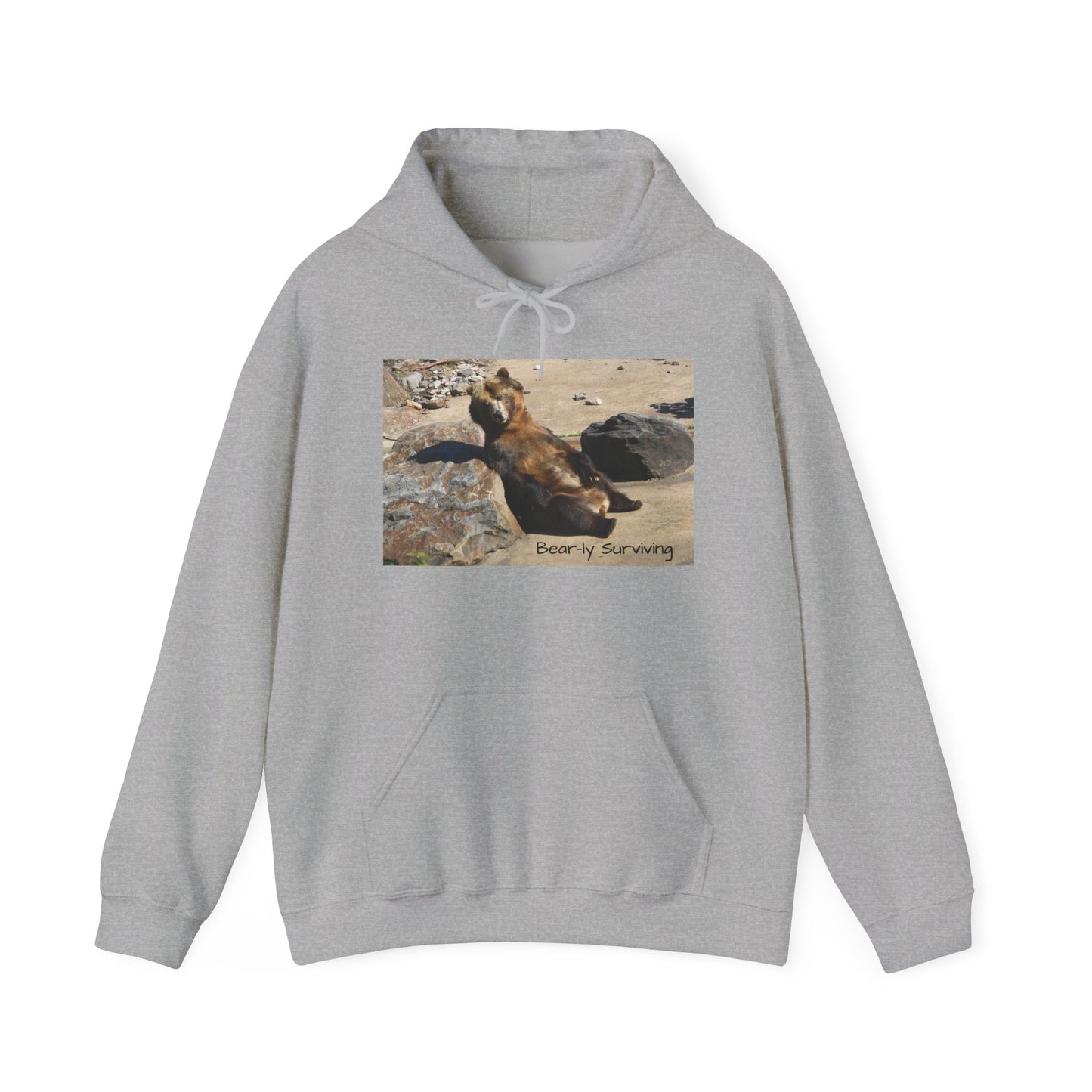 Bear-ly Surviving Hoodie | Funny Grizzly Bear Sweatshirt | Lazy Mood Gift | Exhausted Unisex Hoodie | Cozy Mental Health Humor Wear