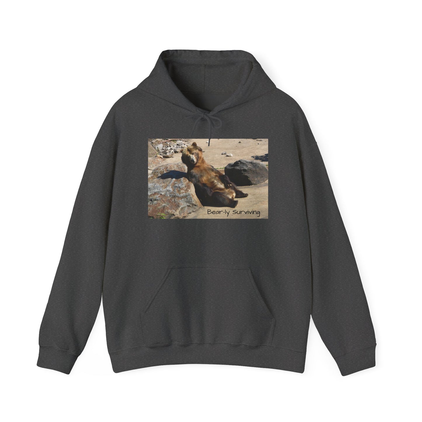 Bear-ly Surviving Hoodie | Funny Grizzly Bear Sweatshirt | Lazy Mood Gift | Exhausted Unisex Hoodie | Cozy Mental Health Humor Wear