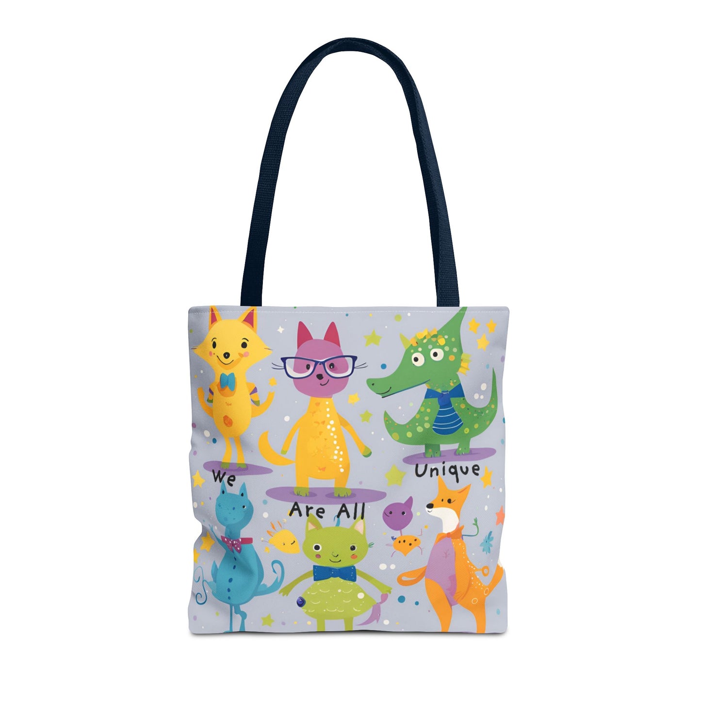 We Are All Unique 6 Animal Friends Tote Bag - Vibrant, Inclusive, Kid-Friendly Art