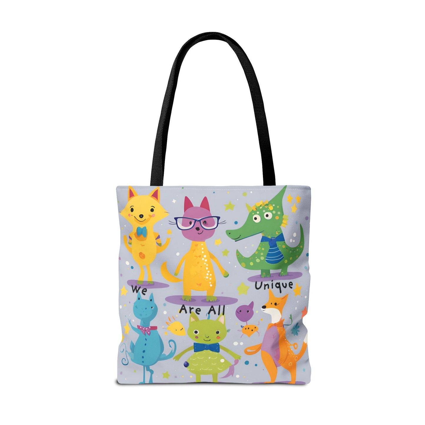 We Are All Unique 6 Animal Friends Tote Bag - Vibrant, Inclusive, Kid-Friendly Art