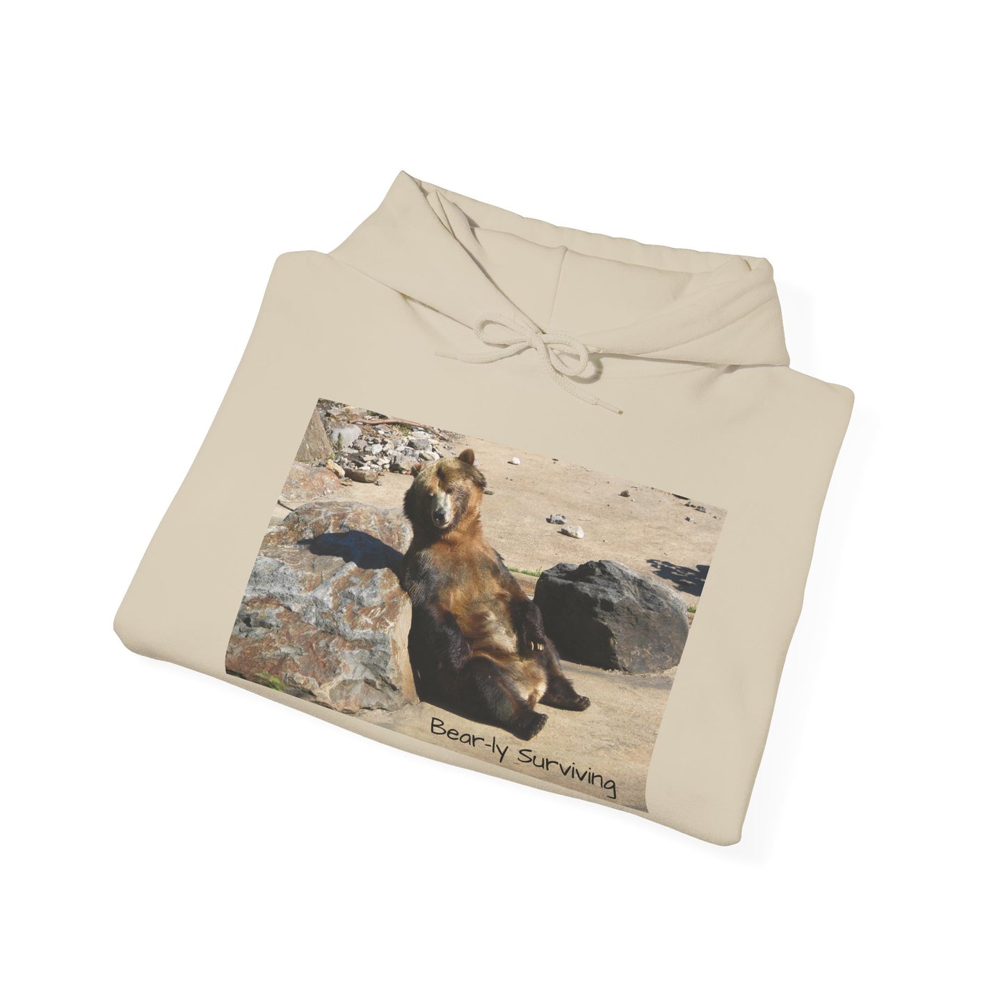 Bear-ly Surviving Hoodie | Funny Grizzly Bear Sweatshirt | Lazy Mood Gift | Exhausted Unisex Hoodie | Cozy Mental Health Humor Wear