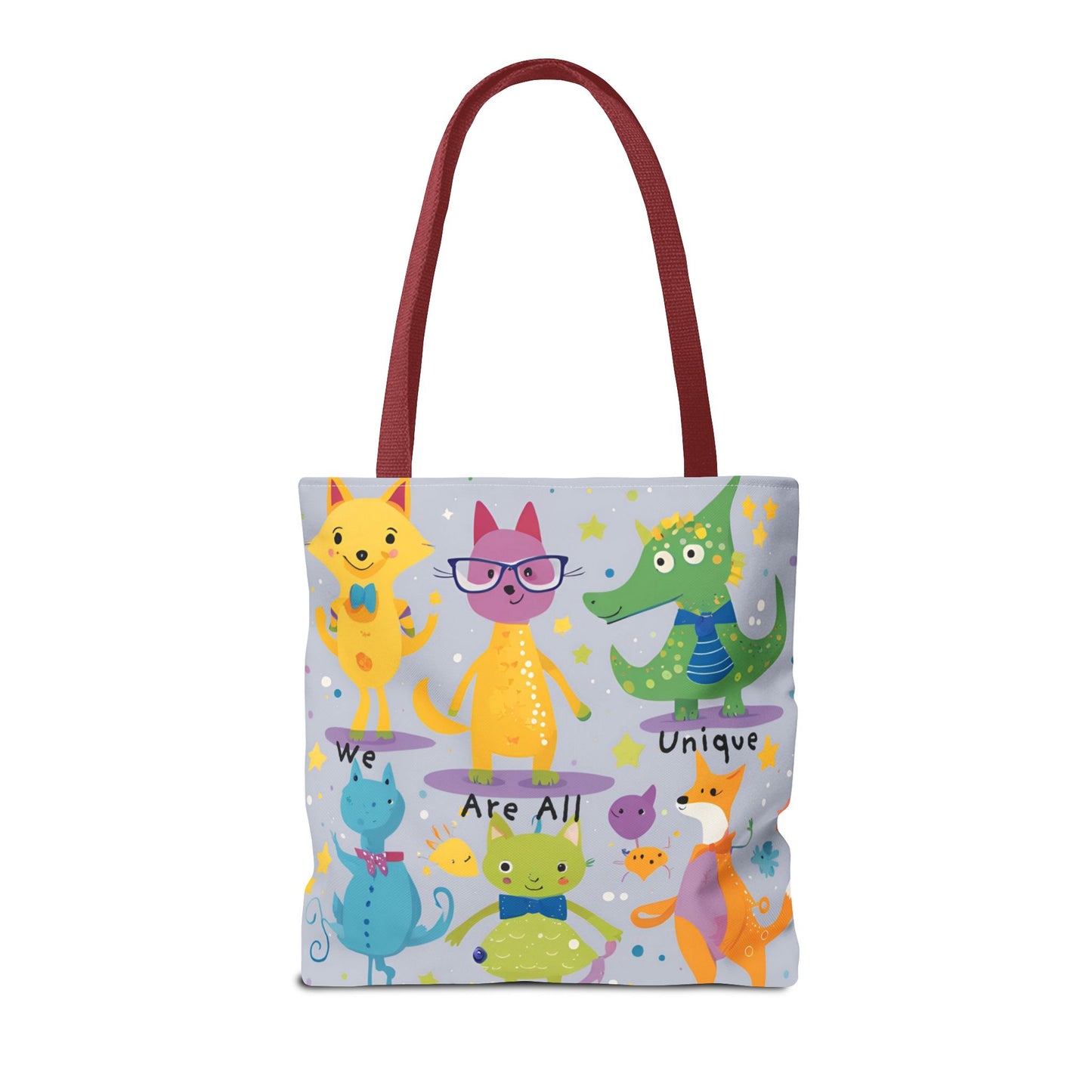 We Are All Unique 6 Animal Friends Tote Bag - Vibrant, Inclusive, Kid-Friendly Art