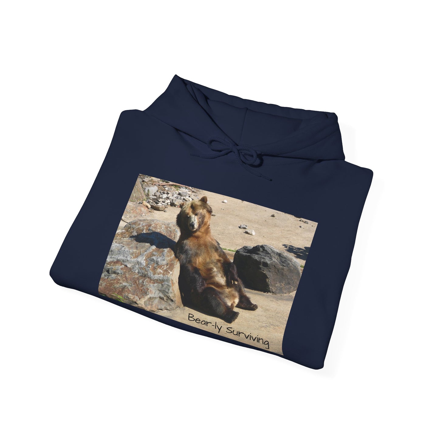 Bear-ly Surviving Hoodie | Funny Grizzly Bear Sweatshirt | Lazy Mood Gift | Exhausted Unisex Hoodie | Cozy Mental Health Humor Wear