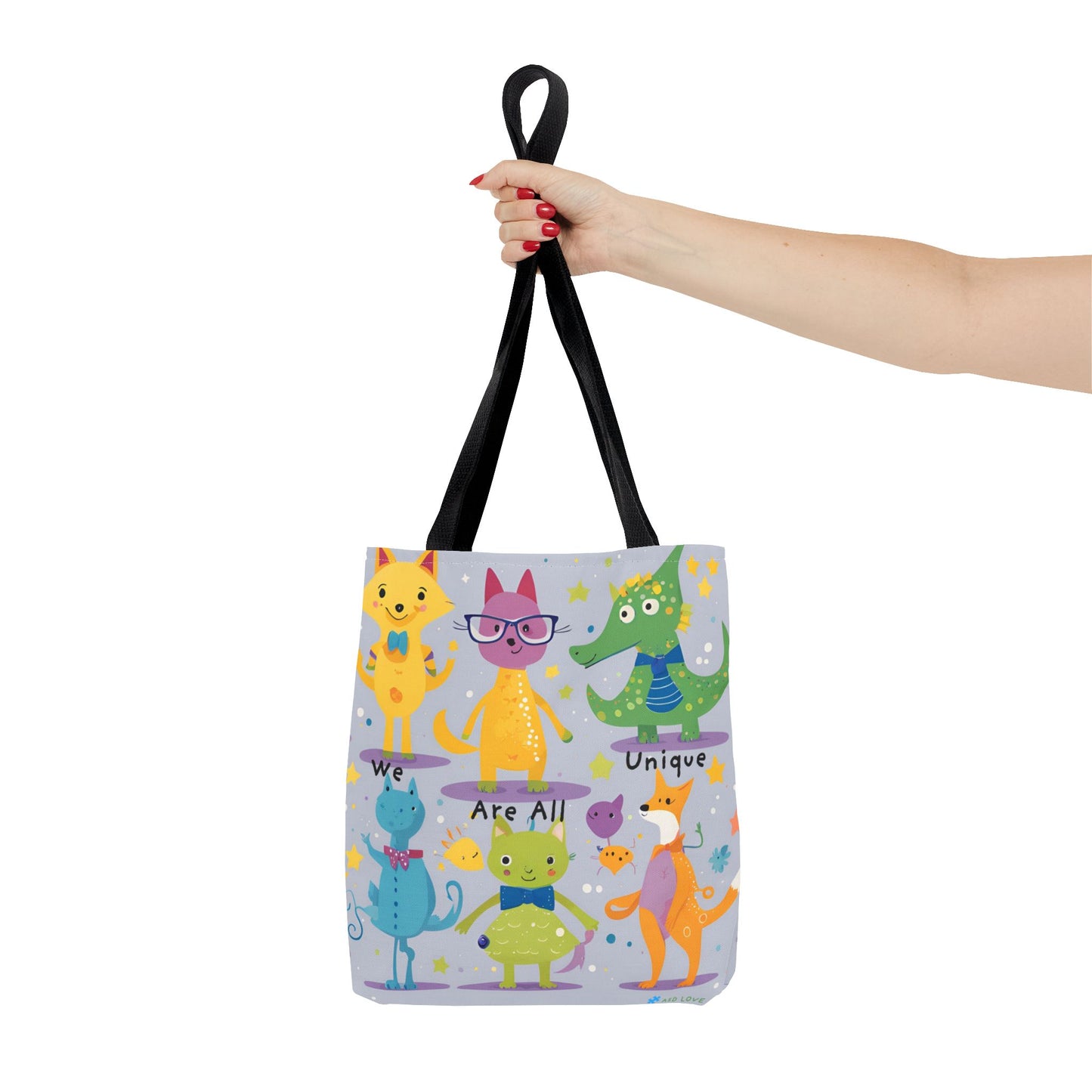 We Are All Unique 6 Animal Friends Tote Bag - Vibrant, Inclusive, Kid-Friendly Art