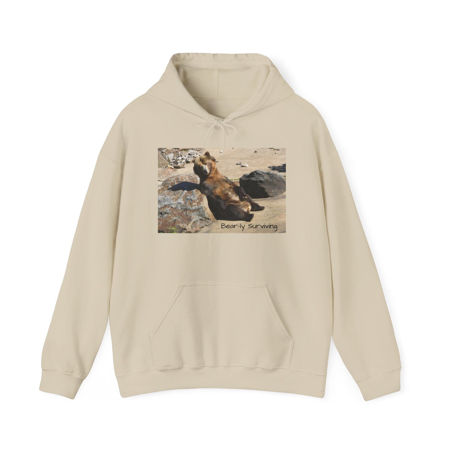 Bear-ly Surviving Hoodie | Funny Grizzly Bear Sweatshirt | Lazy Mood Gift | Exhausted Unisex Hoodie | Cozy Mental Health Humor Wear