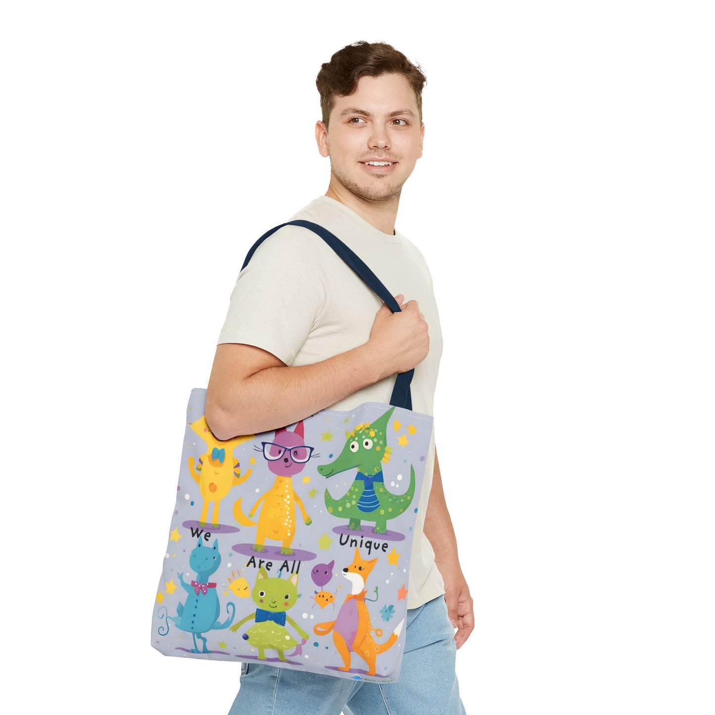 We Are All Unique 6 Animal Friends Tote Bag - Vibrant, Inclusive, Kid-Friendly Art