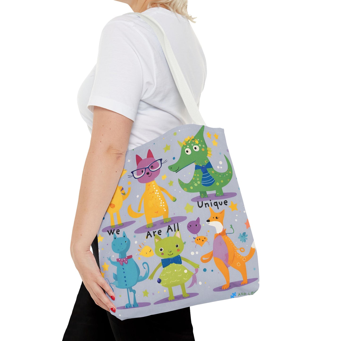 We Are All Unique 6 Animal Friends Tote Bag - Vibrant, Inclusive, Kid-Friendly Art