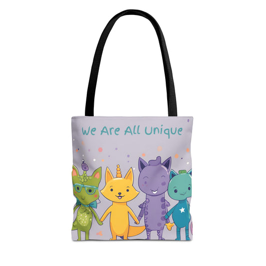 We Are All Unique 4 Animal Friends Tote Bag - Cute, Inclusive, Kid-friendly Design