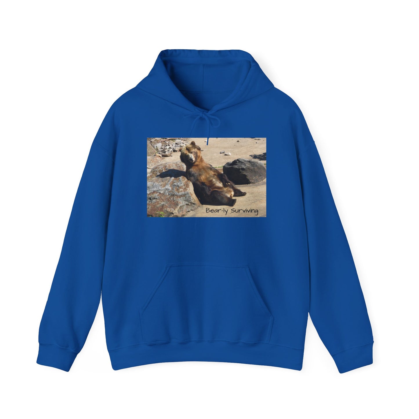 Bear-ly Surviving Hoodie | Funny Grizzly Bear Sweatshirt | Lazy Mood Gift | Exhausted Unisex Hoodie | Cozy Mental Health Humor Wear