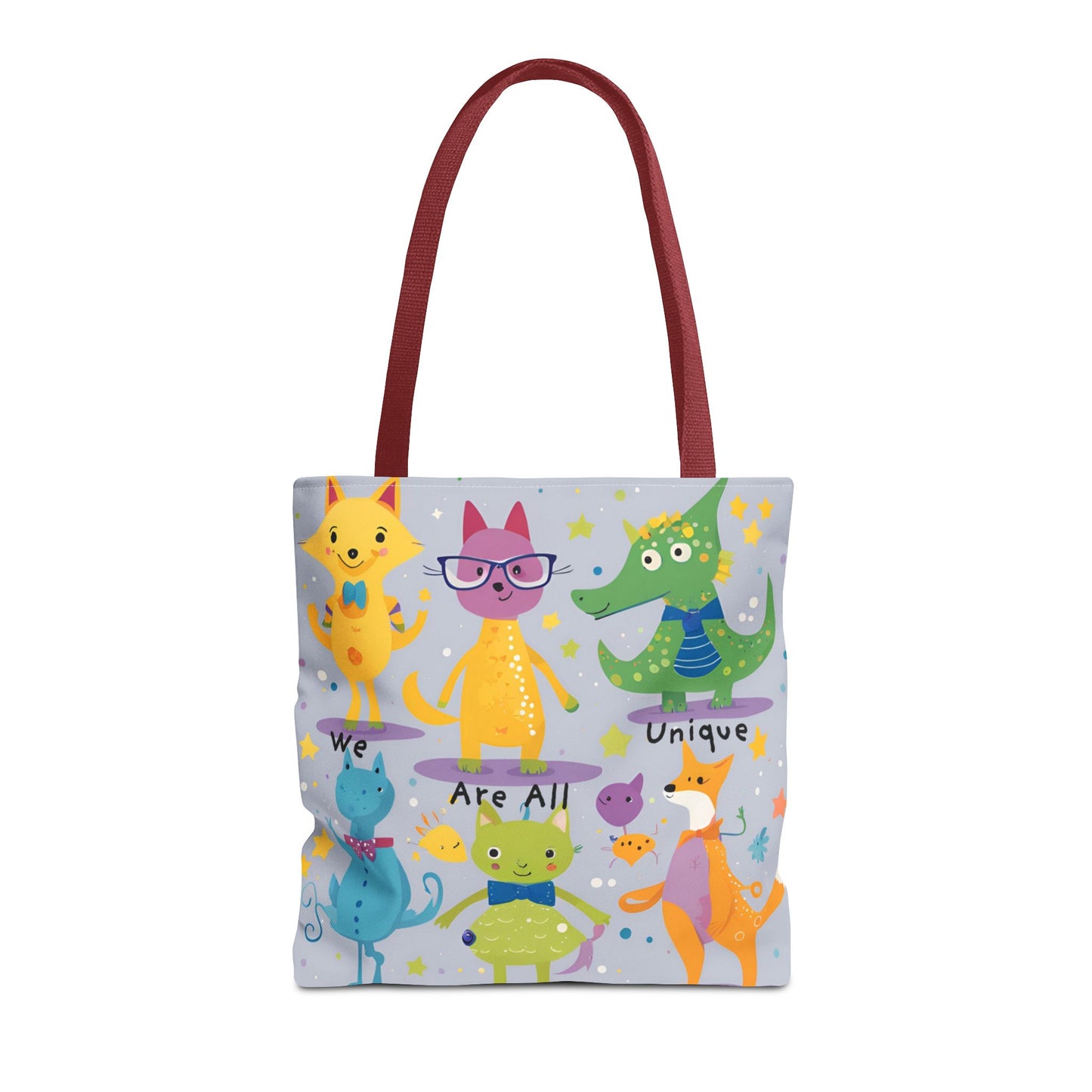 We Are All Unique 6 Animal Friends Tote Bag - Vibrant, Inclusive, Kid-Friendly Art