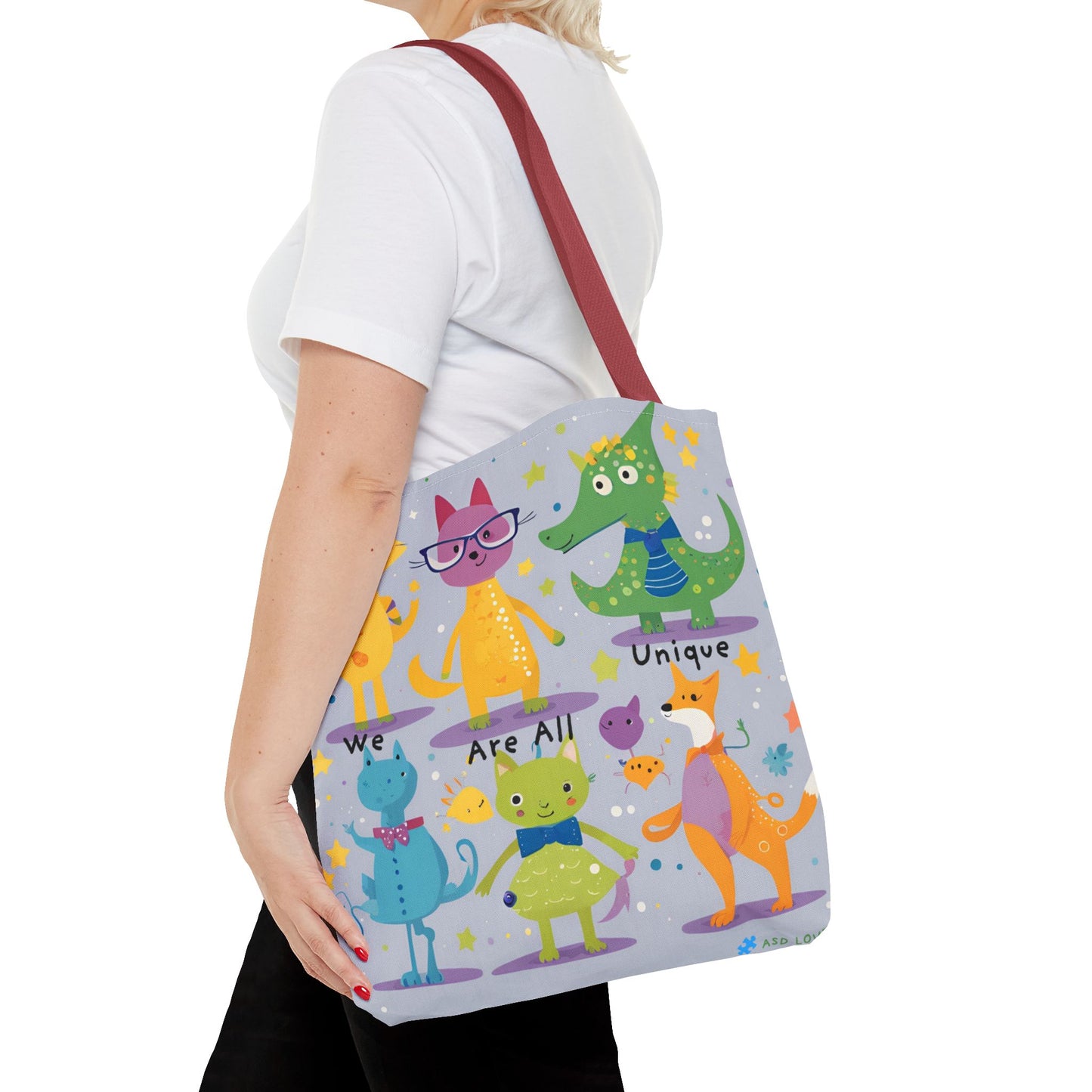 We Are All Unique 6 Animal Friends Tote Bag - Vibrant, Inclusive, Kid-Friendly Art