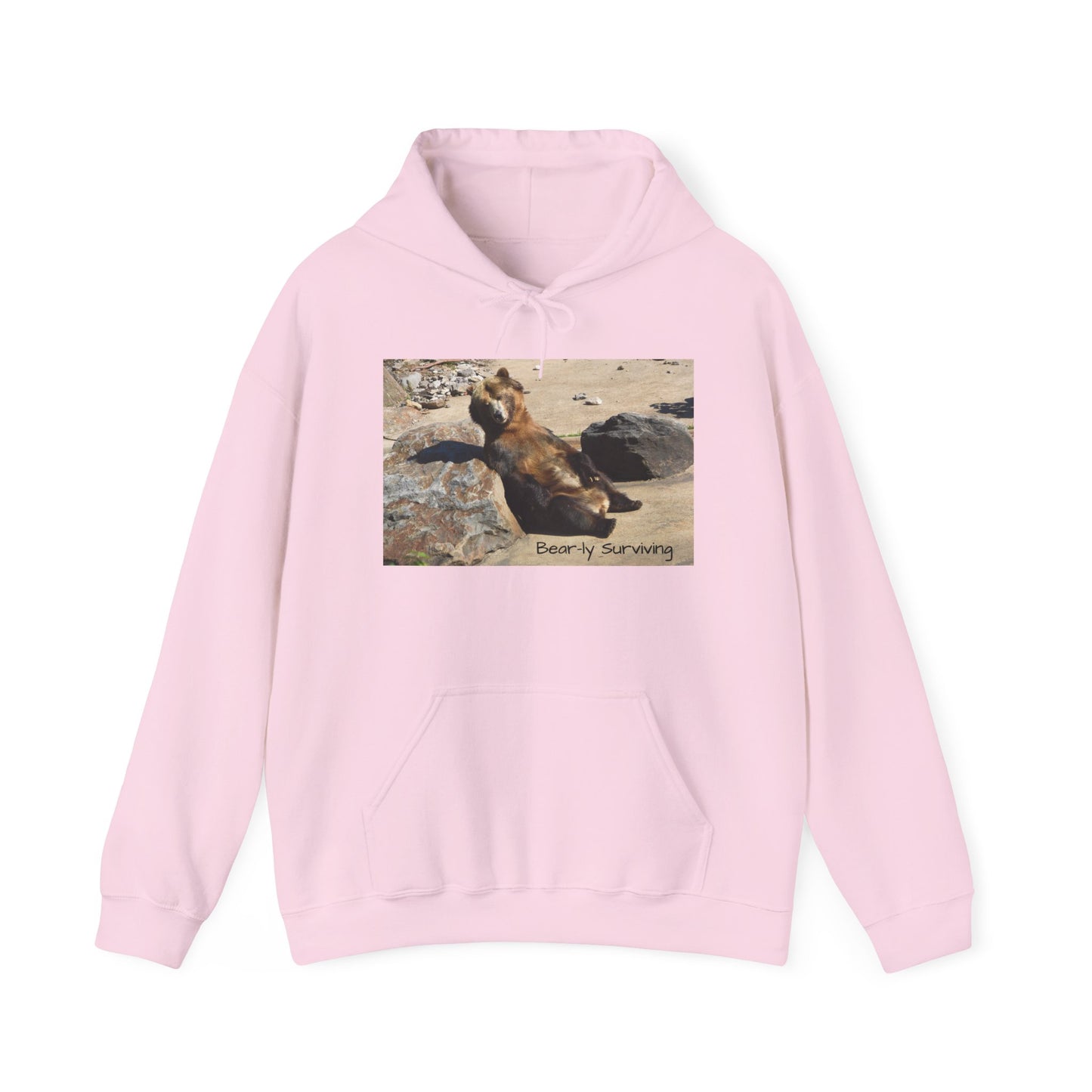 Bear-ly Surviving Hoodie | Funny Grizzly Bear Sweatshirt | Lazy Mood Gift | Exhausted Unisex Hoodie | Cozy Mental Health Humor Wear