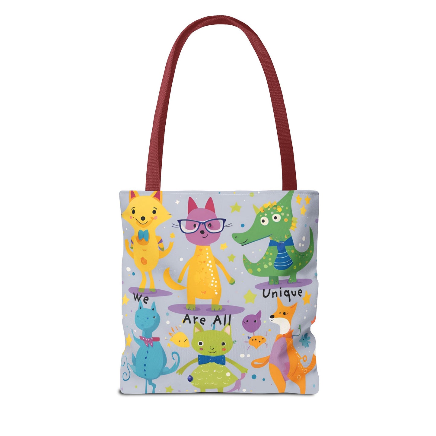 We Are All Unique 6 Animal Friends Tote Bag - Vibrant, Inclusive, Kid-Friendly Art