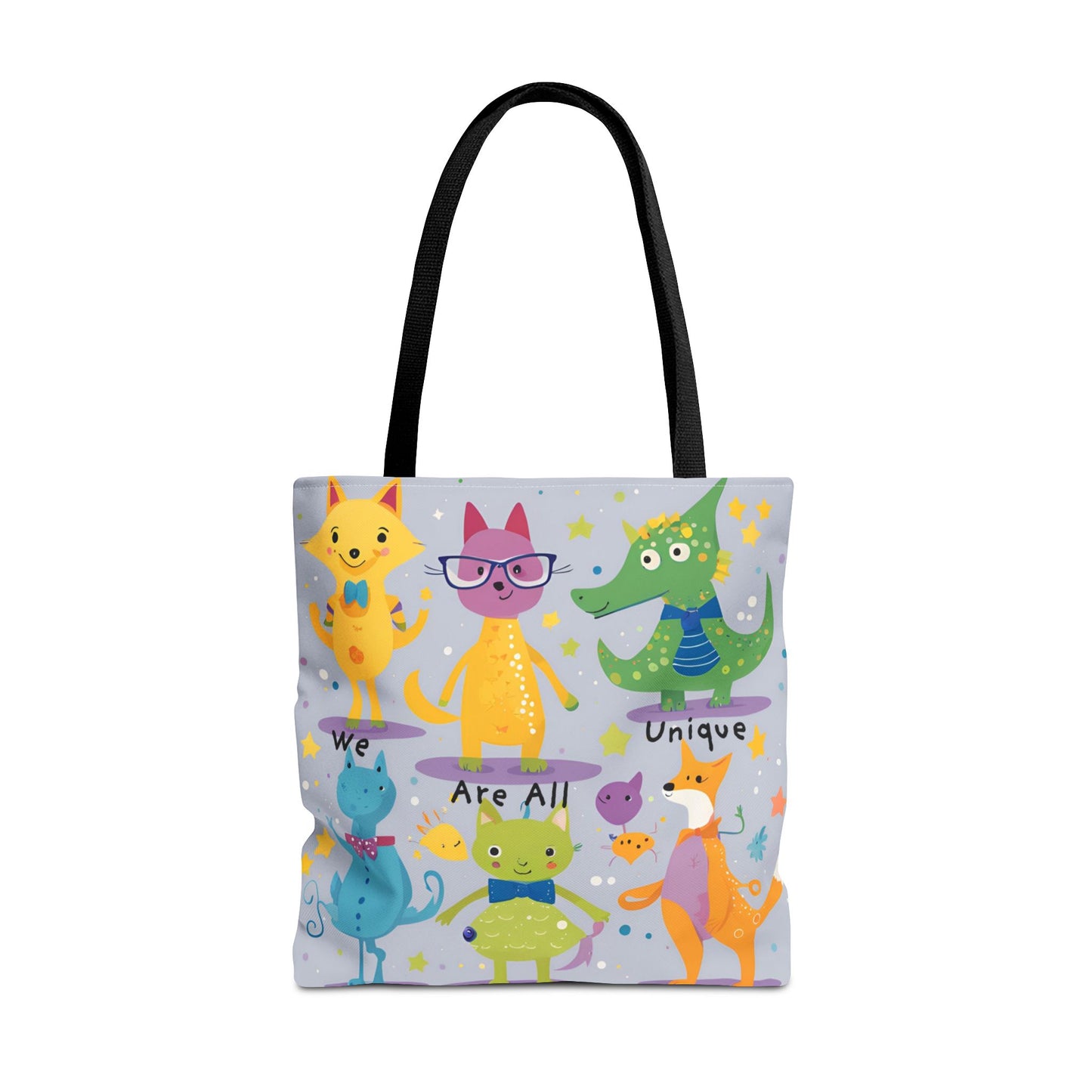 We Are All Unique 6 Animal Friends Tote Bag - Vibrant, Inclusive, Kid-Friendly Art