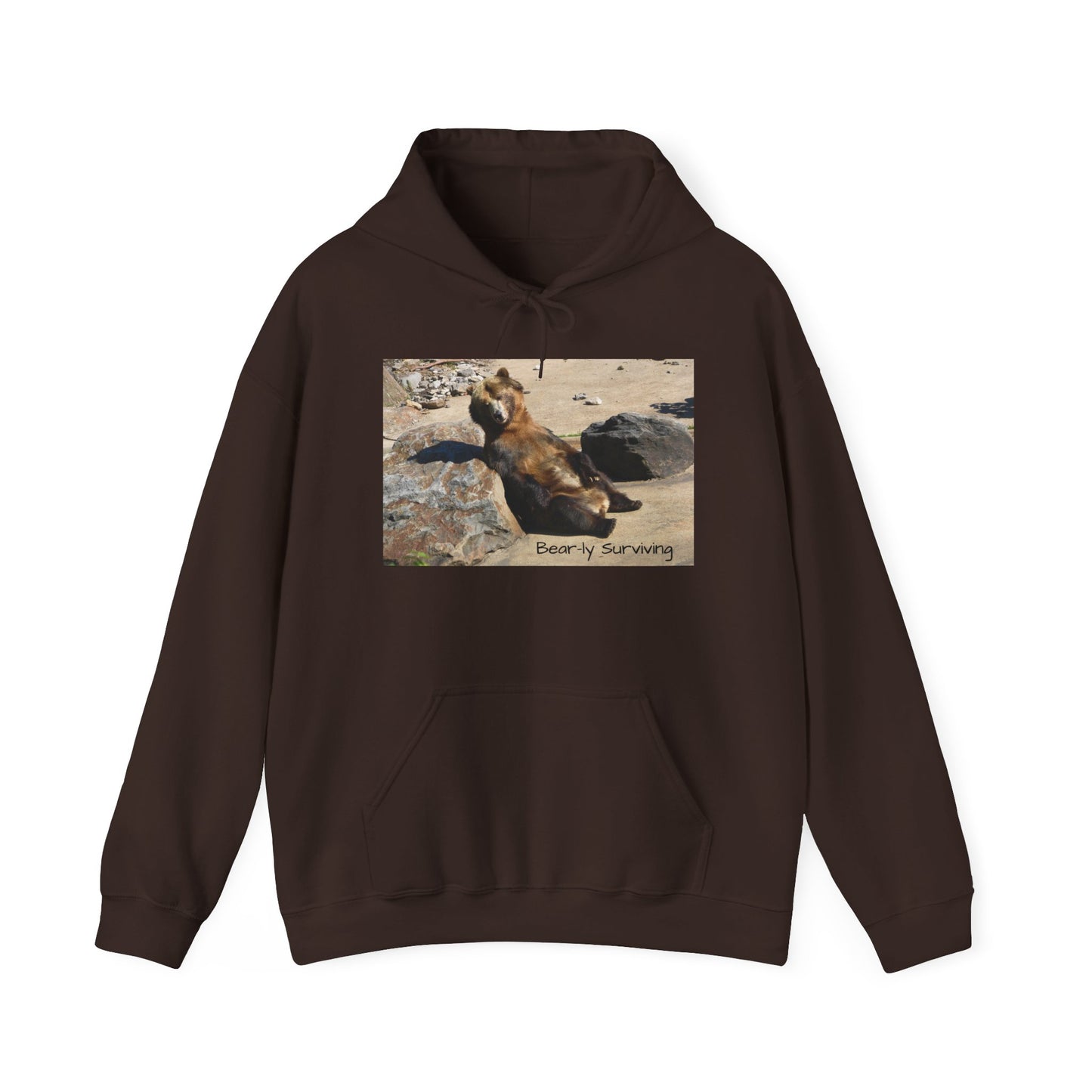 Bear-ly Surviving Hoodie | Funny Grizzly Bear Sweatshirt | Lazy Mood Gift | Exhausted Unisex Hoodie | Cozy Mental Health Humor Wear