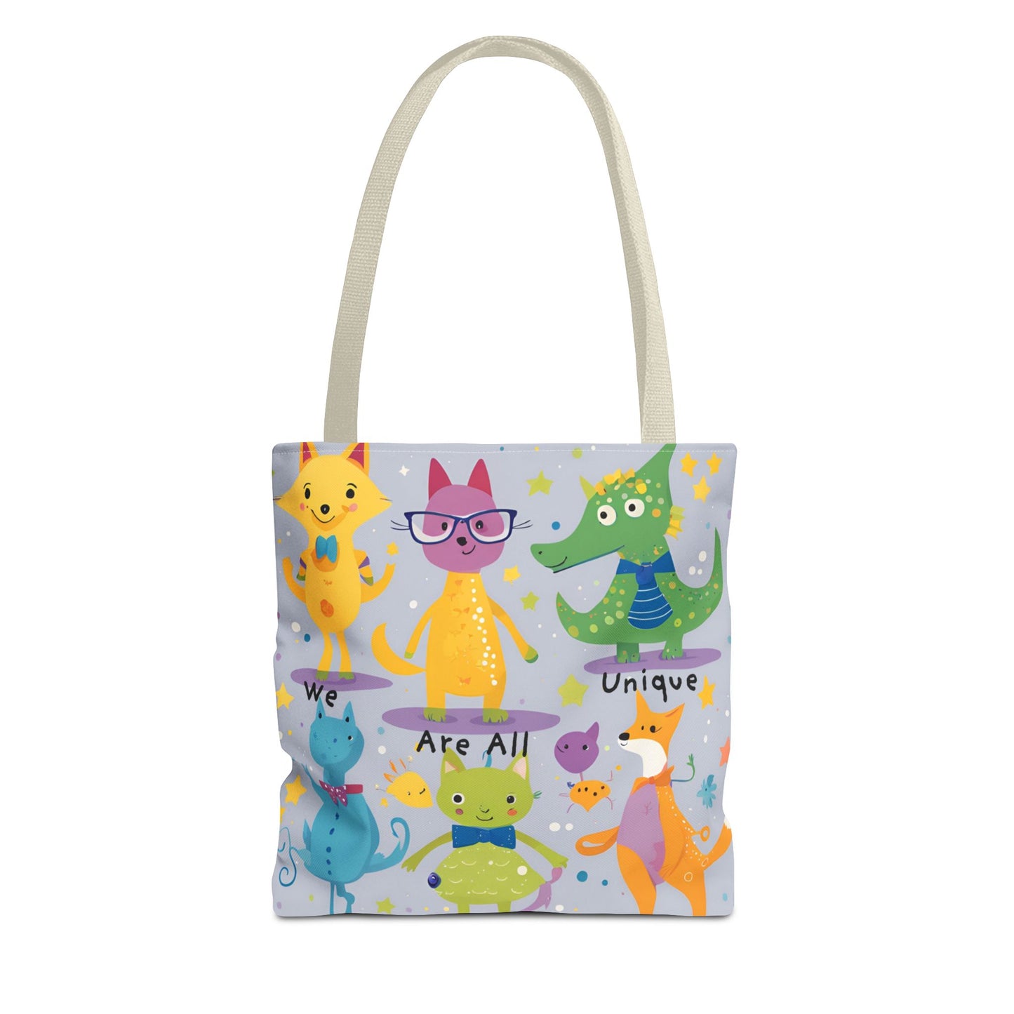 We Are All Unique 6 Animal Friends Tote Bag - Vibrant, Inclusive, Kid-Friendly Art