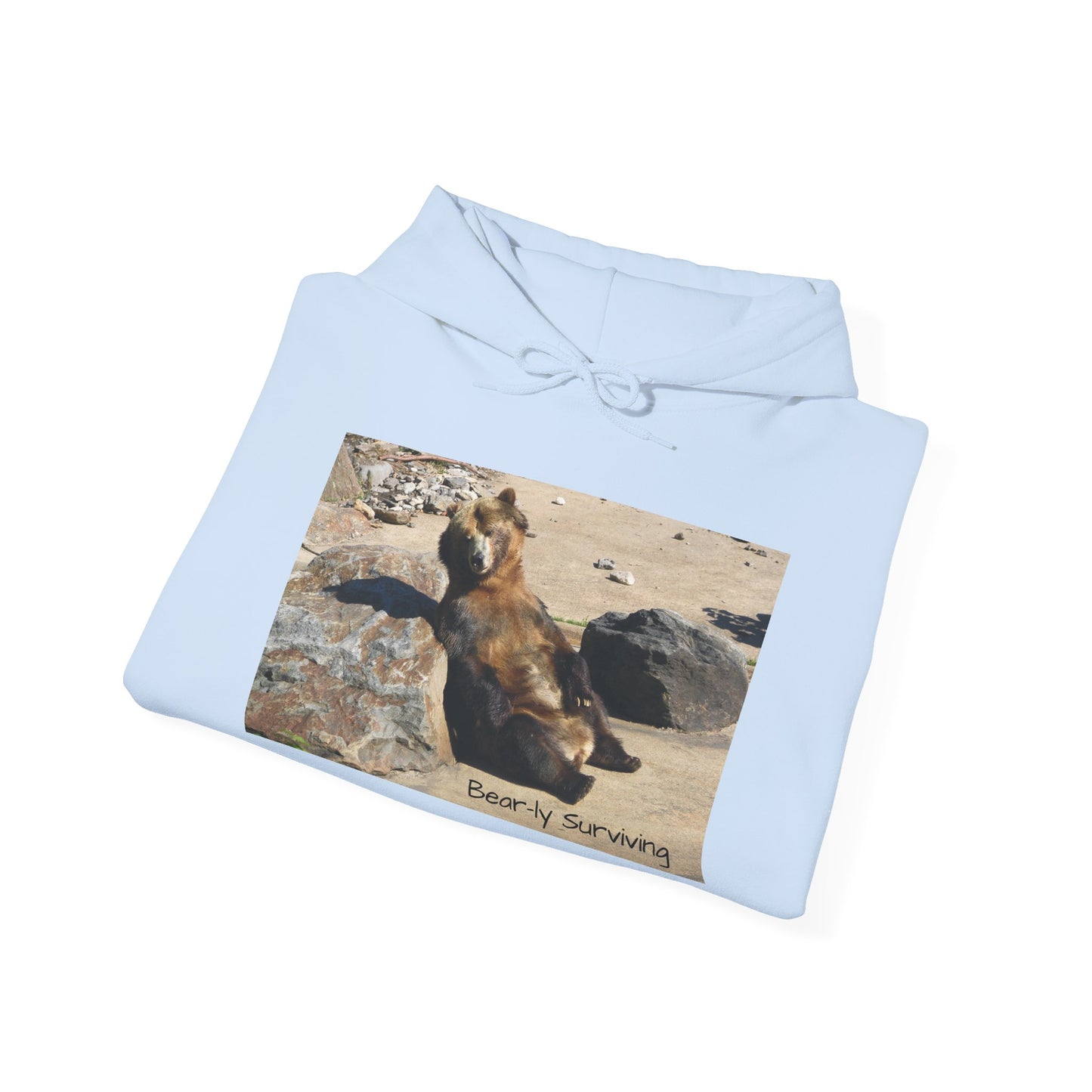 Bear-ly Surviving Hoodie | Funny Grizzly Bear Sweatshirt | Lazy Mood Gift | Exhausted Unisex Hoodie | Cozy Mental Health Humor Wear