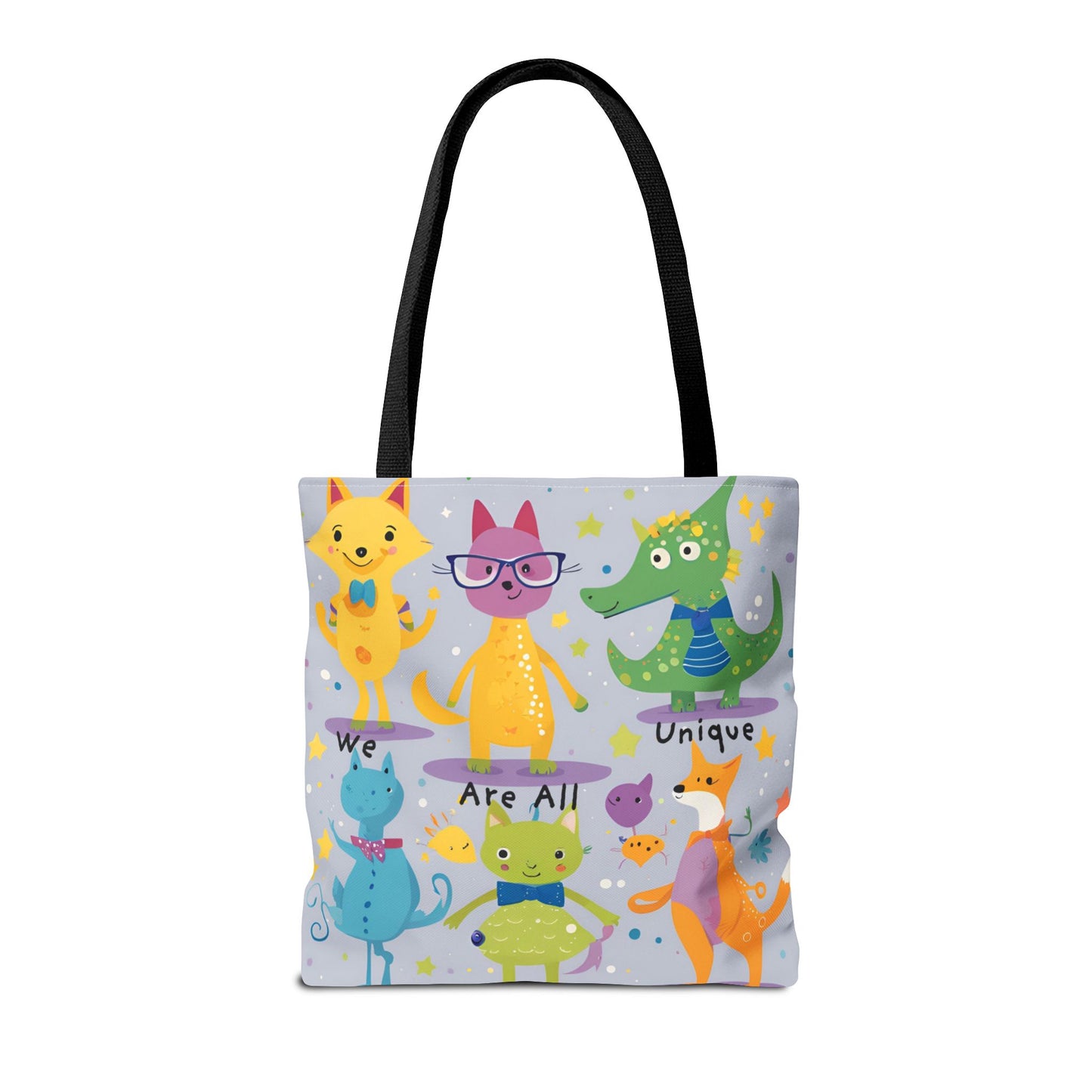 We Are All Unique 6 Animal Friends Tote Bag - Vibrant, Inclusive, Kid-Friendly Art