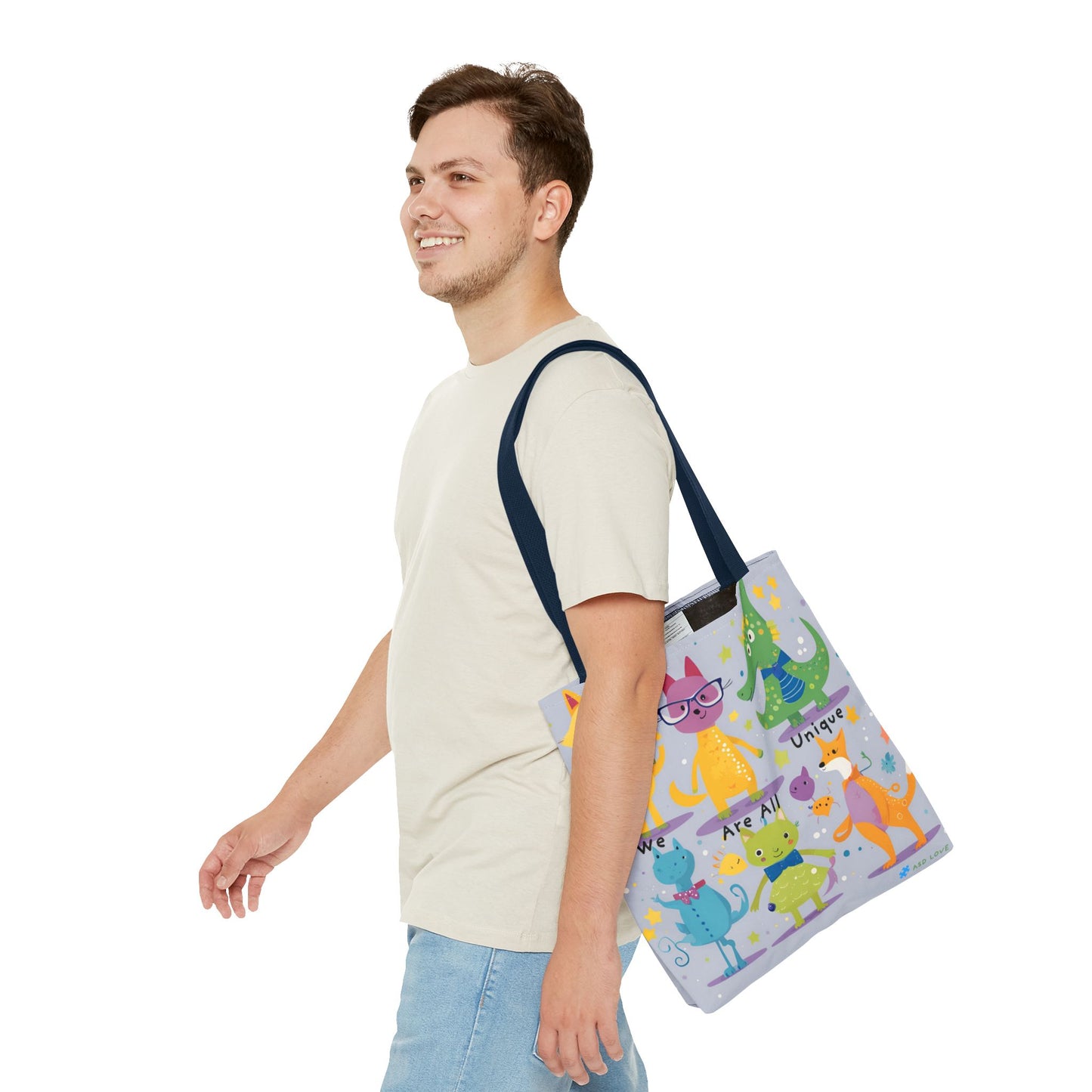 We Are All Unique 6 Animal Friends Tote Bag - Vibrant, Inclusive, Kid-Friendly Art