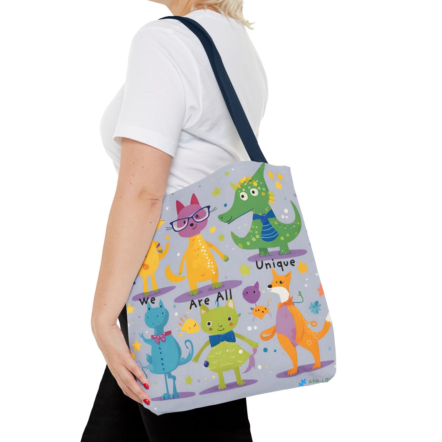 We Are All Unique 6 Animal Friends Tote Bag - Vibrant, Inclusive, Kid-Friendly Art