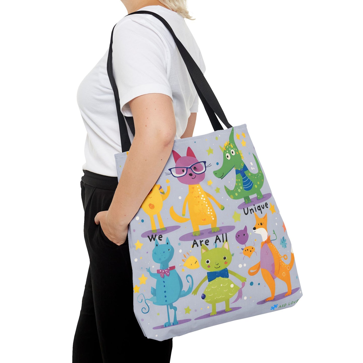 We Are All Unique 6 Animal Friends Tote Bag - Vibrant, Inclusive, Kid-Friendly Art