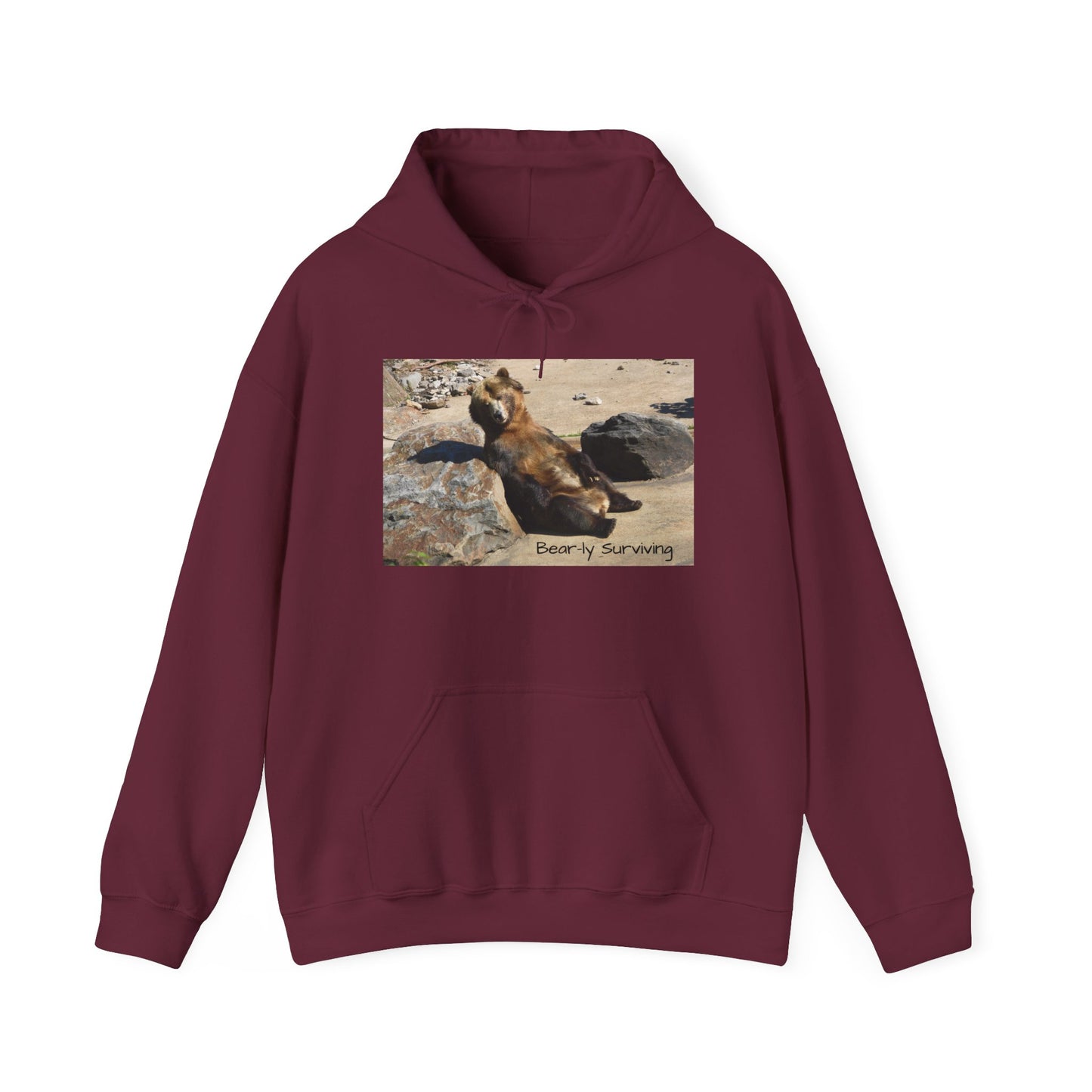 Bear-ly Surviving Hoodie | Funny Grizzly Bear Sweatshirt | Lazy Mood Gift | Exhausted Unisex Hoodie | Cozy Mental Health Humor Wear