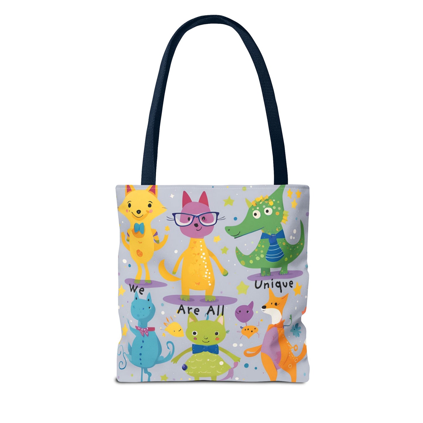 We Are All Unique 6 Animal Friends Tote Bag - Vibrant, Inclusive, Kid-Friendly Art