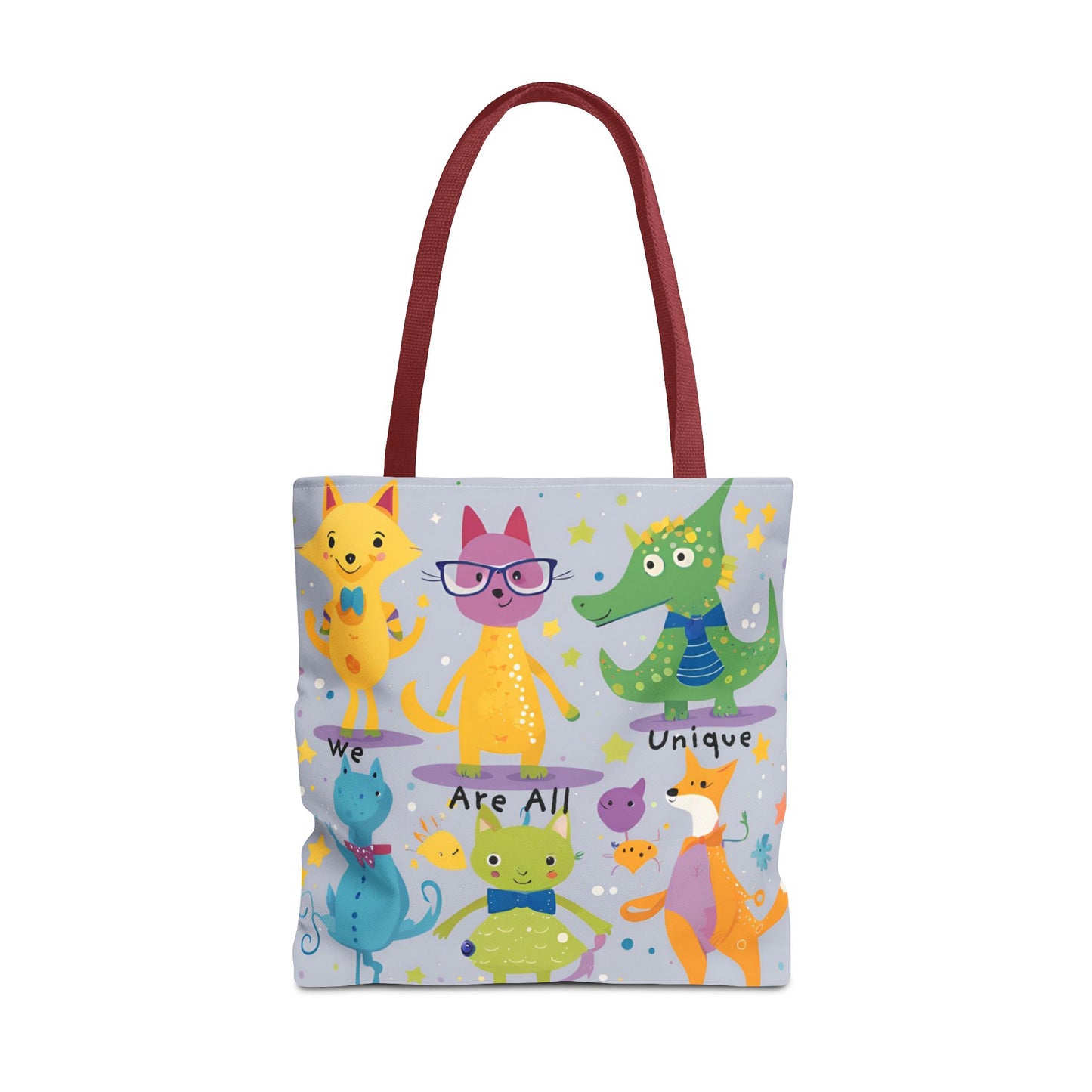 We Are All Unique 6 Animal Friends Tote Bag - Vibrant, Inclusive, Kid-Friendly Art