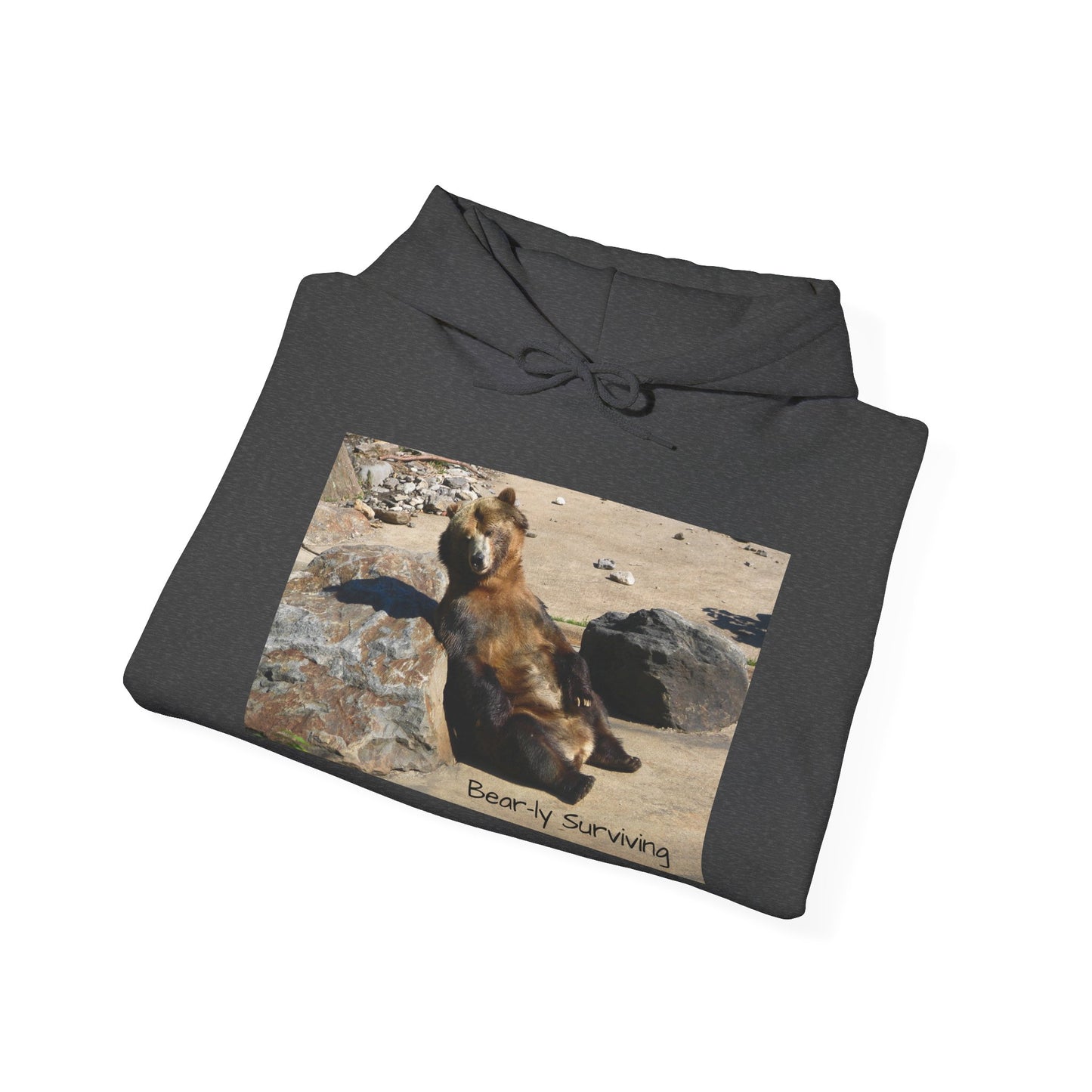 Bear-ly Surviving Hoodie | Funny Grizzly Bear Sweatshirt | Lazy Mood Gift | Exhausted Unisex Hoodie | Cozy Mental Health Humor Wear