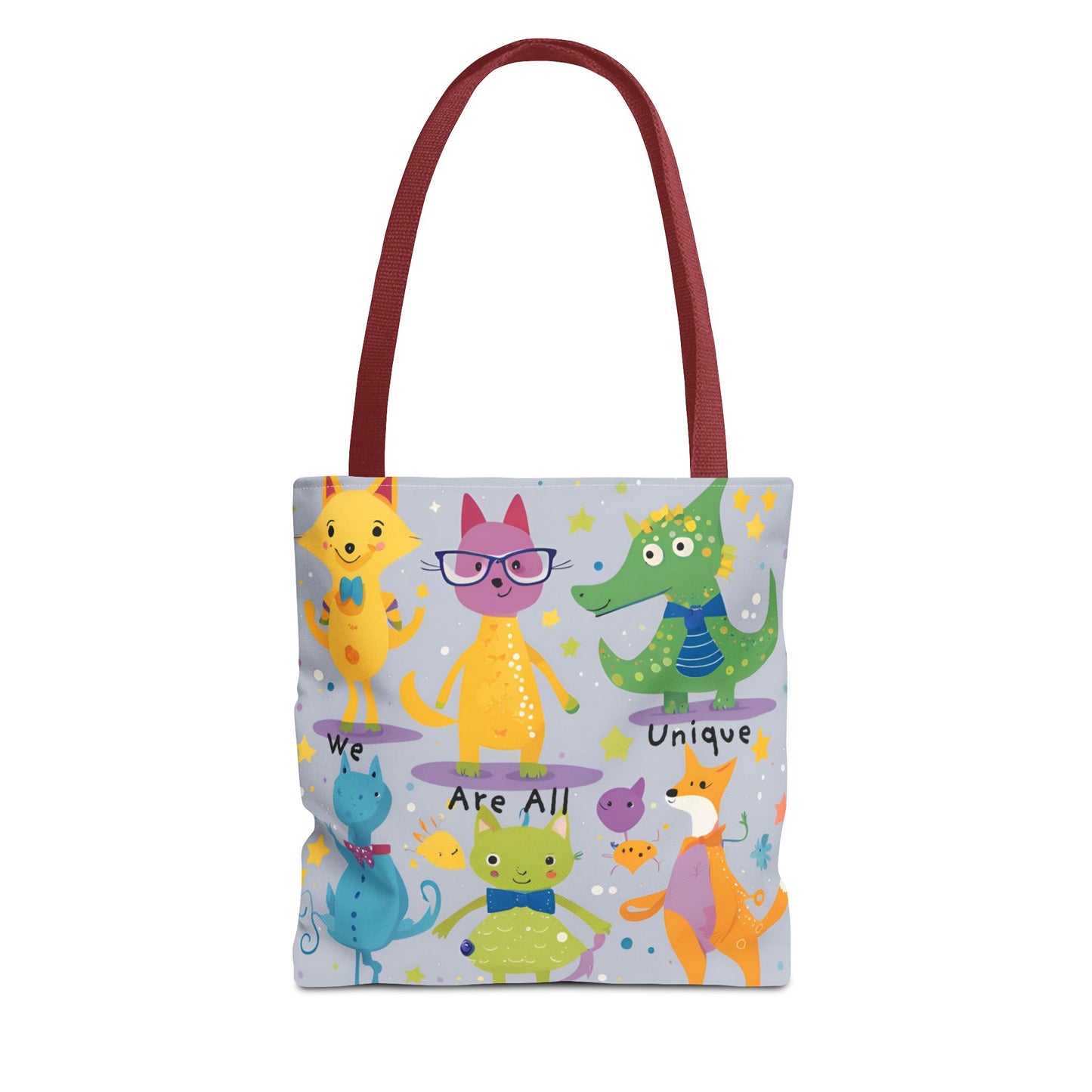 We Are All Unique 6 Animal Friends Tote Bag - Vibrant, Inclusive, Kid-Friendly Art