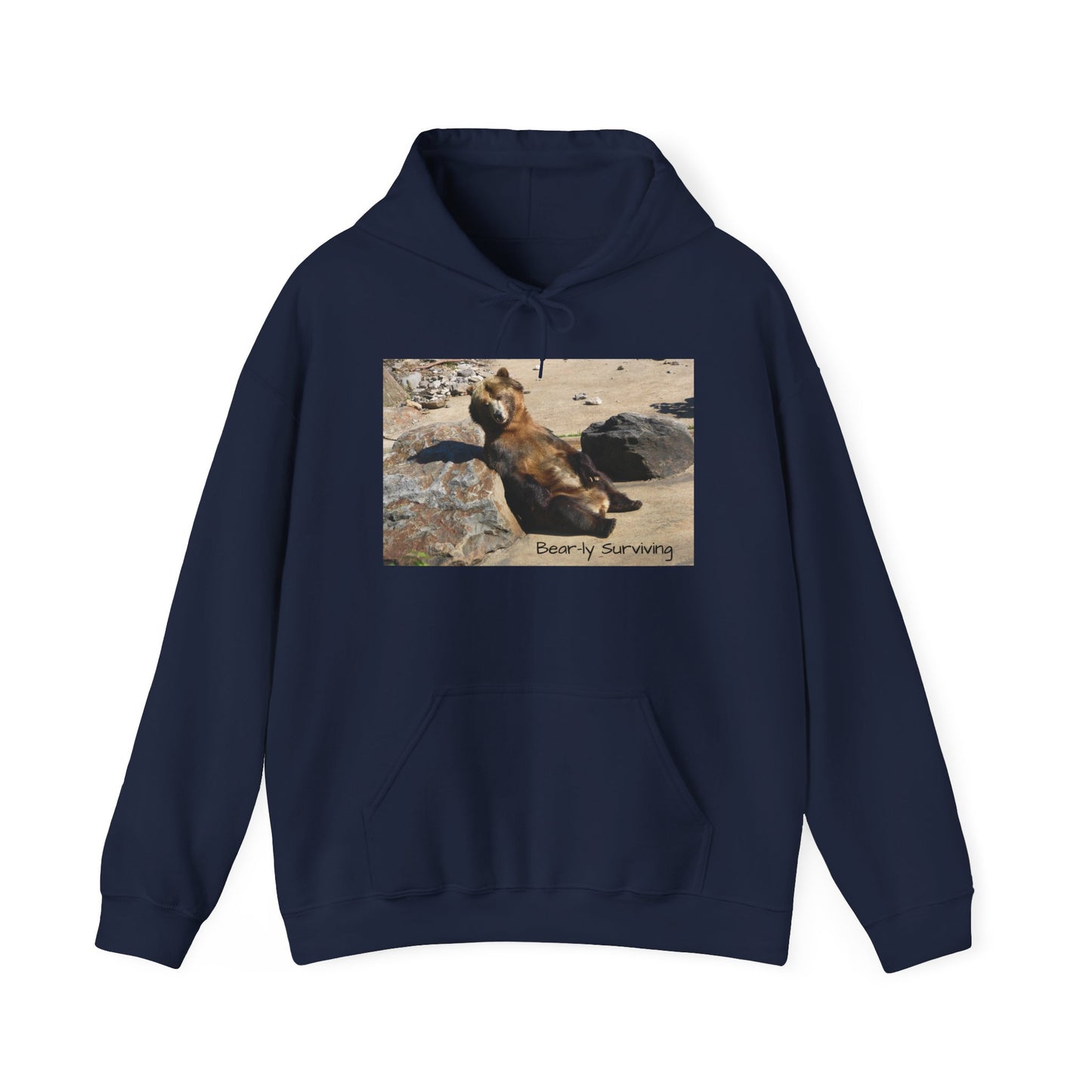 Bear-ly Surviving Hoodie | Funny Grizzly Bear Sweatshirt | Lazy Mood Gift | Exhausted Unisex Hoodie | Cozy Mental Health Humor Wear