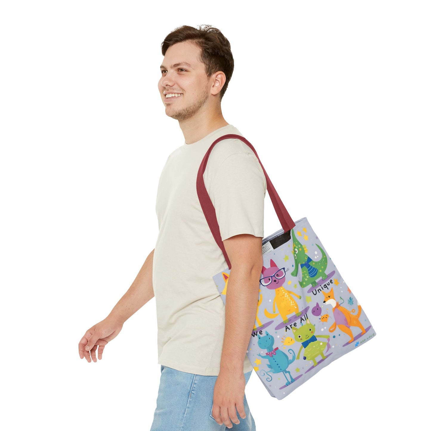 We Are All Unique 6 Animal Friends Tote Bag - Vibrant, Inclusive, Kid-Friendly Art
