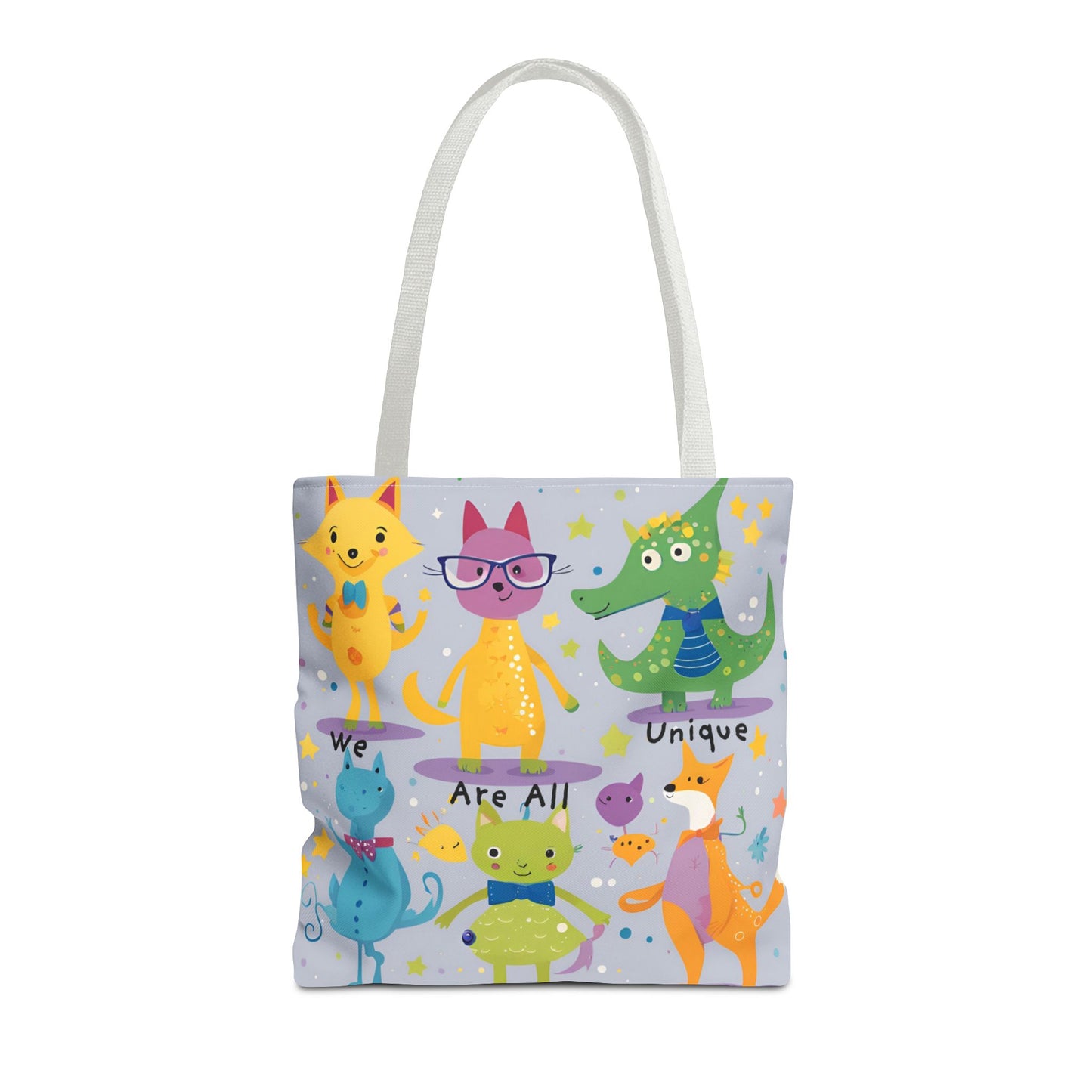 We Are All Unique 6 Animal Friends Tote Bag - Vibrant, Inclusive, Kid-Friendly Art
